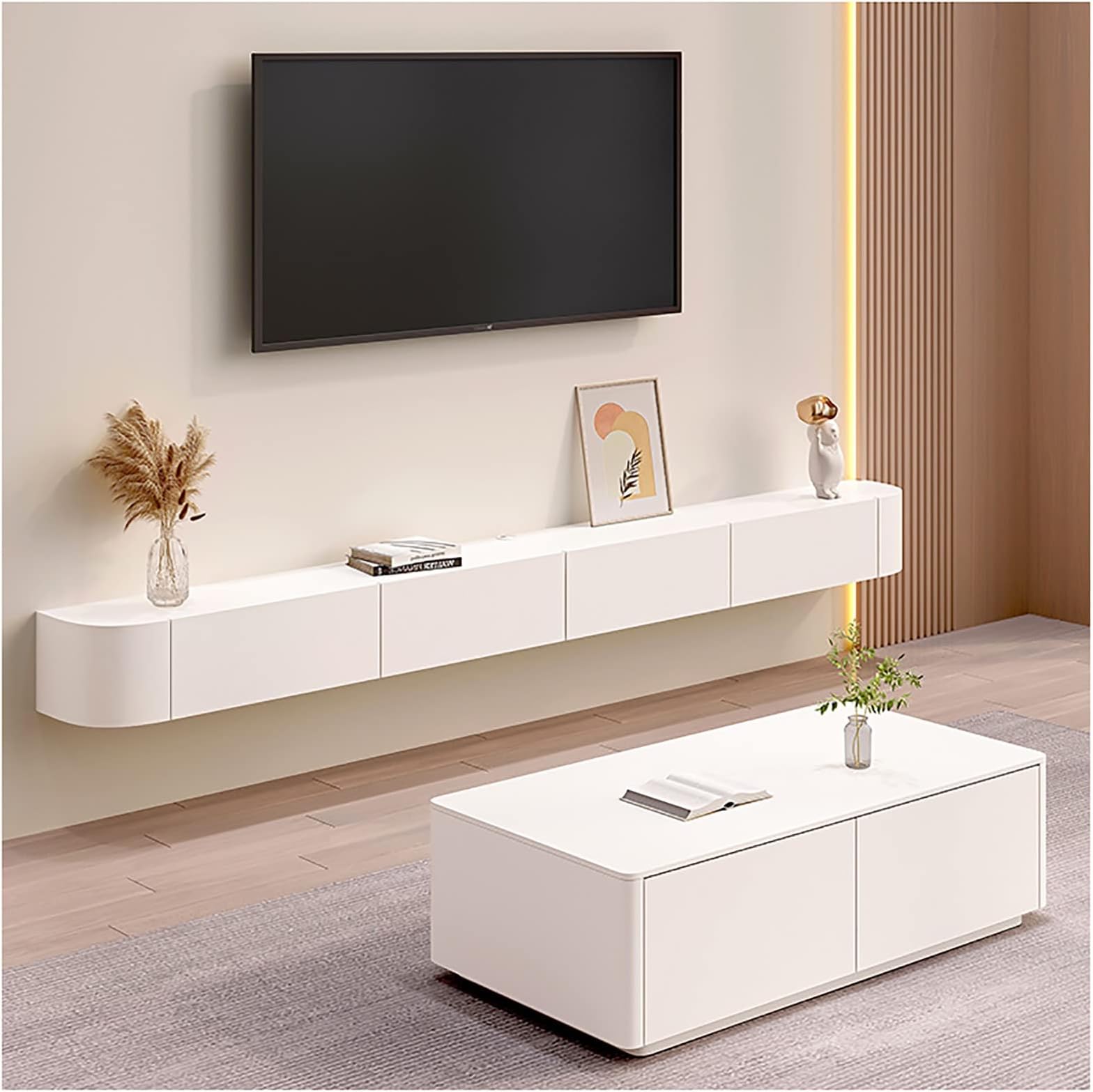 Floating TV Stand, Wall Mounted TV Cabinet, Media Console, With Cable Holes, Storage Component Shelves, For Living Room,Bedroom (Color : White-A, Size : 180cm)