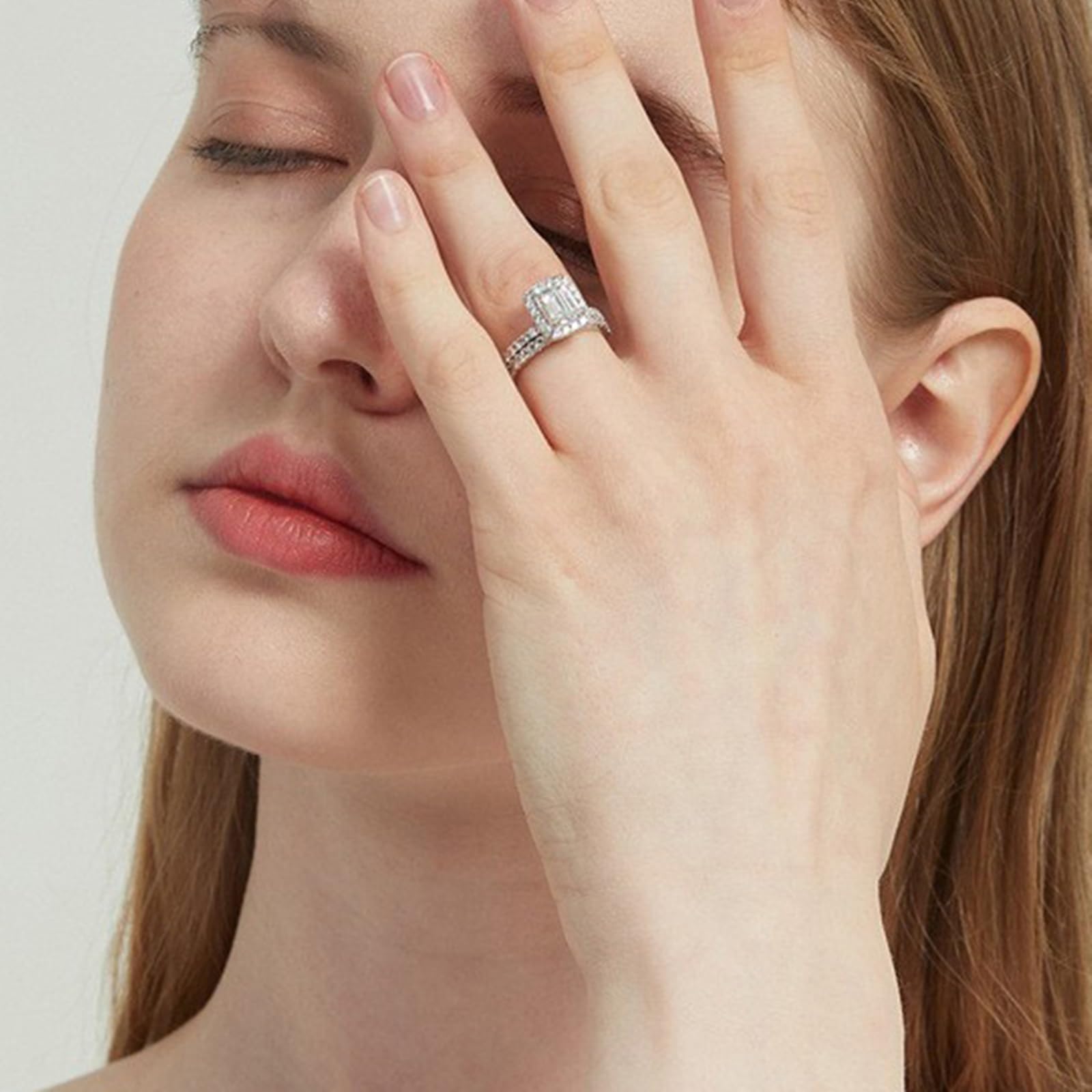 Anillo de compromiso rectangular de plata de ley 925 de 2 quilates para mujer, juego de 2 anillos de compromiso de oro con circonita cúbica de 6 x 8 mm