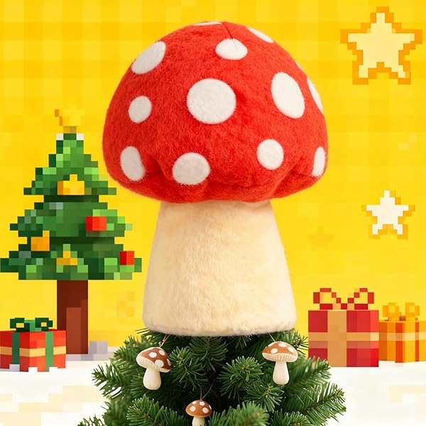 Eyourlife Mushroom Tree Topper, 9 Inch Christmas Tree Ornament, Red and White Farm Tree Topper Plush Stuffed Decorations for Christmas Holiday Birthday Indoor Party Supplies