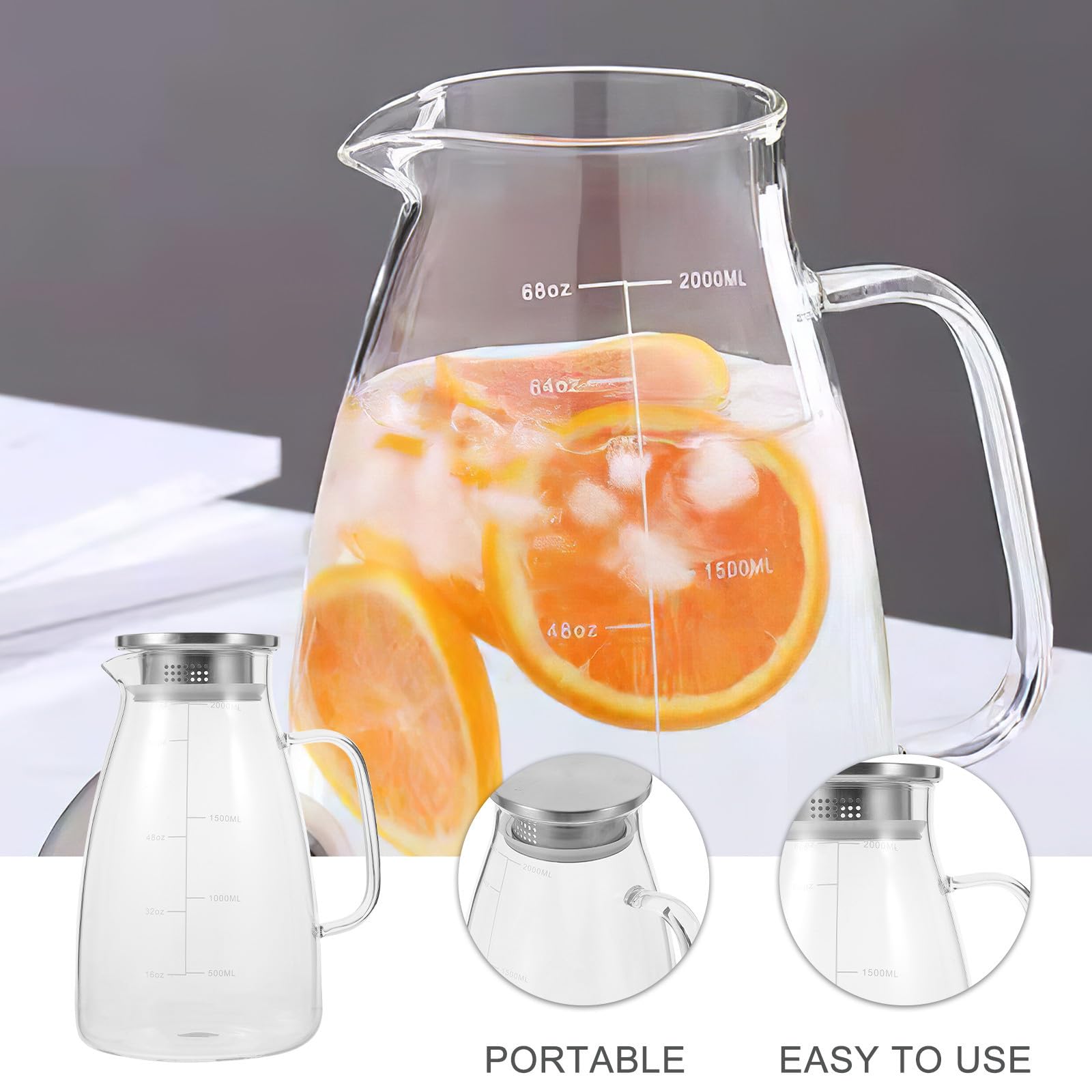 Großer Wasserkaraffe aus Glas 2000ml mit Deckel und Skala Elegante Glaskanne für Kalte Getränke Rutschfest für Zuhause und Partys