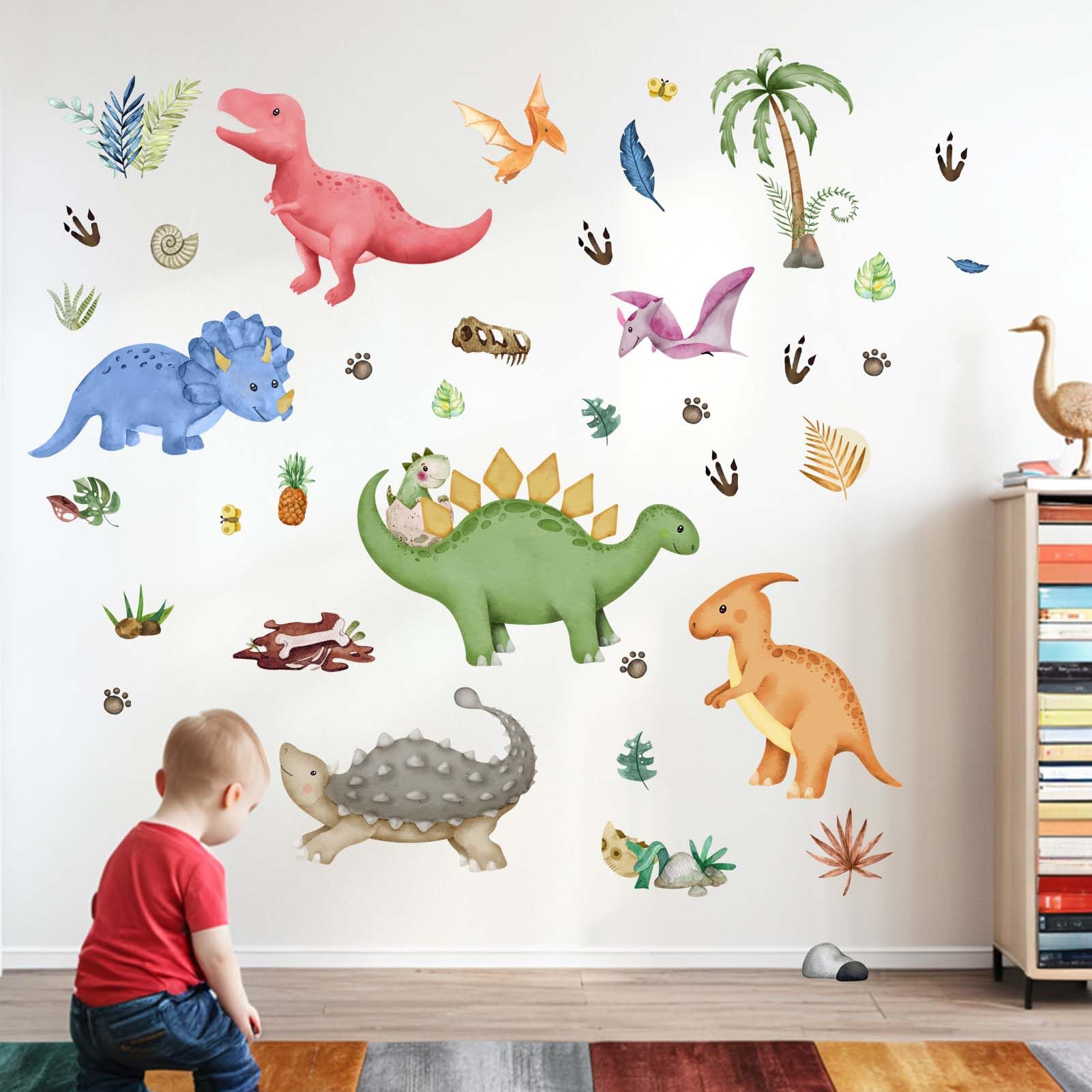 PinkEleph Watercolor Dinosaur Wall Decals, Tropic Palm Tree Dino Wall Stickers - Image 2