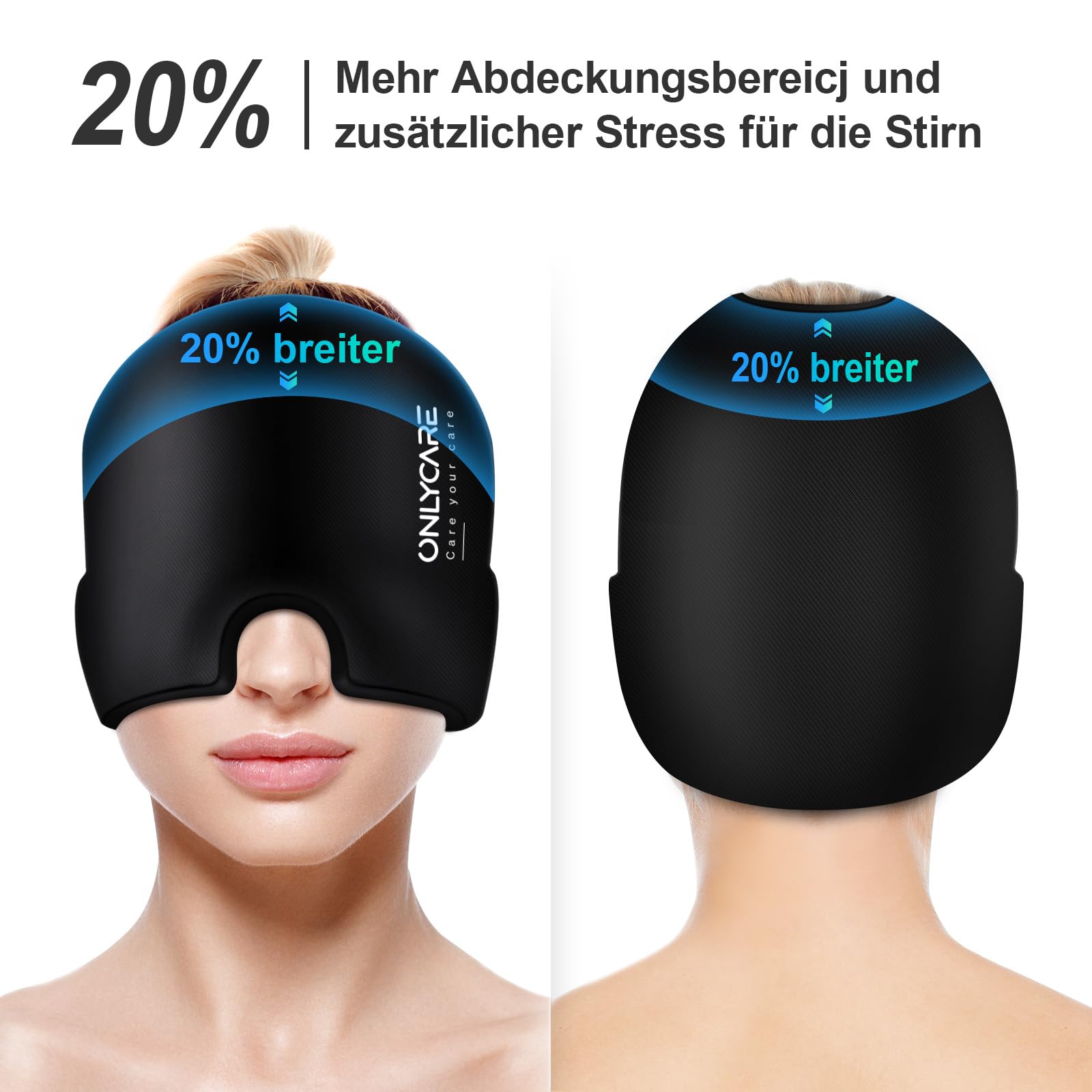 ONLYCARE Migräne Maske, Upgraded Migräne Kühlmaske Schlafmaske Kühlmütze Kühlhaube 360° Gel Surround kühlpads zur Linderung von Migräne, Kopfschmerzen, Druck
