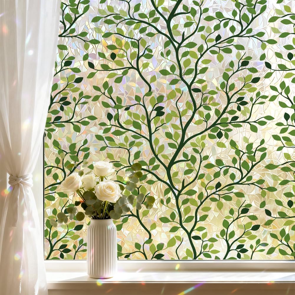 Window Privacy Film Rainbow Stained Glass Windows, Static Cling Sun Blocking Decals Sticker Colorful Removable Vinyl Window Film (Green Leaf, 17.5''x78.5'')