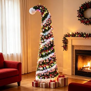 5 Ft Pop Up Christmas Tree with 16.5 Ft String Lights, Artificial Collapsible Pencil Christmas Tinsel Tree for Holiday Xmas Decorations, Home Display, Office Decor, Easy Assembly
