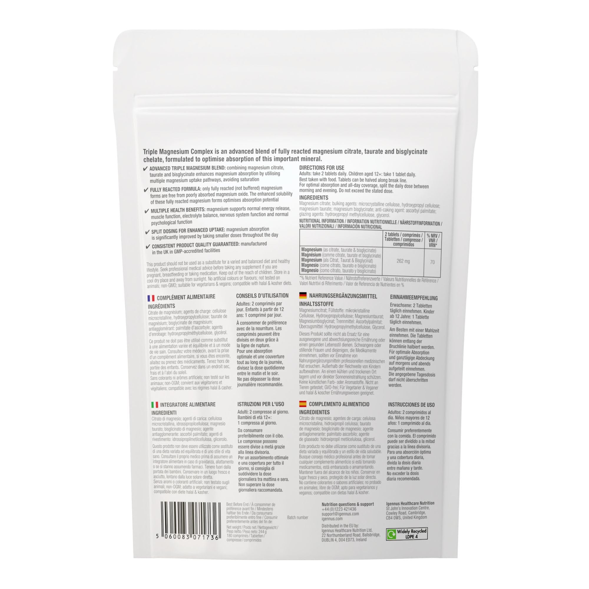 Igennus Chélaté Complexe Triple Magnésium, Bisglycinate, Citrate, Taurate | 262 mg de Magnésium Élémentaire, Prêt à l’Absorption, Entièrement Réagi, Clean Label, Végan, 180 Comprimés