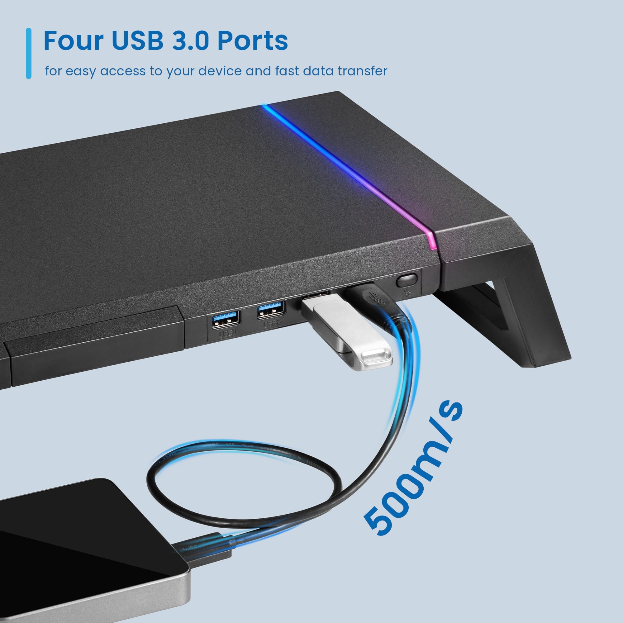 Ewent Supporto Monitor RGB – Pieghevole, Regolabile, con Cassetto, Porta Smartphone e Tablet + 4 Porte USB 3.2 – Rialzo Schermo Ergonomico fino a 27", 20 kg