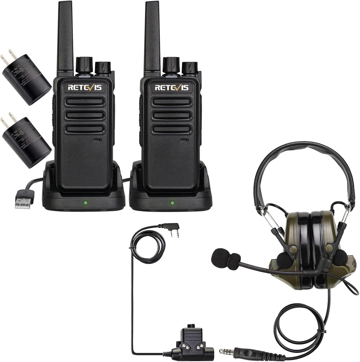 Retevis RT68 Walkie Talkies Rechargeable(2 Pack) Bundle with Tactical Headset(1 Pack), Portable FRS Two-Way Radios for Adults, Hunting & Shooting Earmuffs with Mic