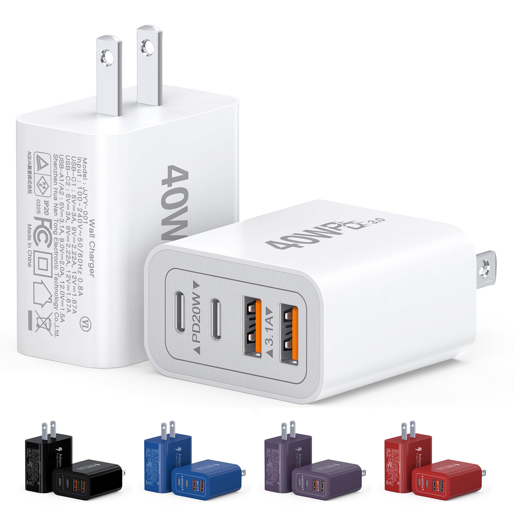 40W USB C Charger Block, 2-Pack 4-Port Type C Fast Charging Brick Dual PD&QC Wall Plug Adapter Compatible for iPhone13/14/15/16/17 Pro/Pro Max/iPad, Airpods, iwatch, Samsung Galaxy