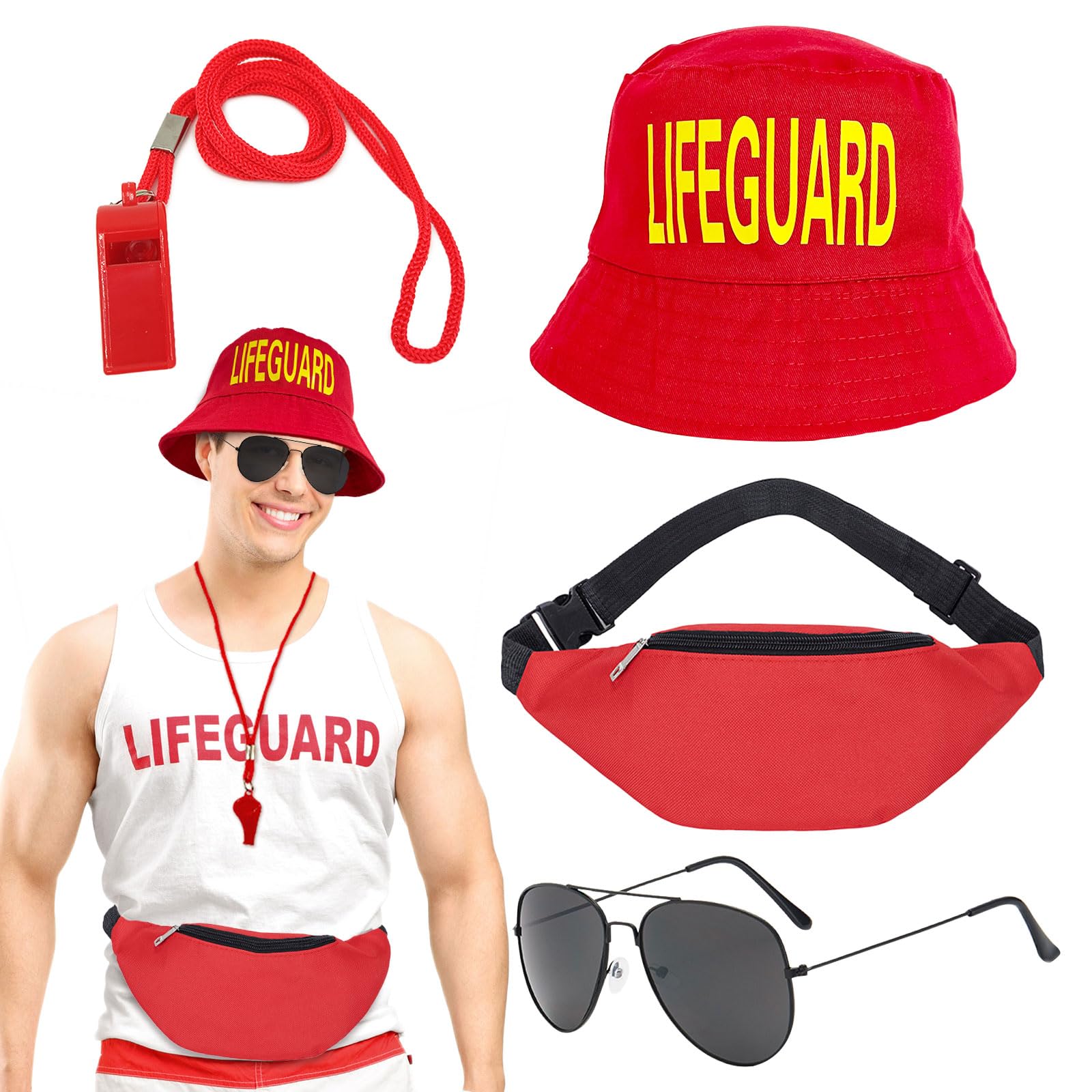 Costume Bagnino 3 Pezzi - Cappello Regolabile, Fischietto, Occhiali Da Sole, Per Halloween E Feste - Foto 3