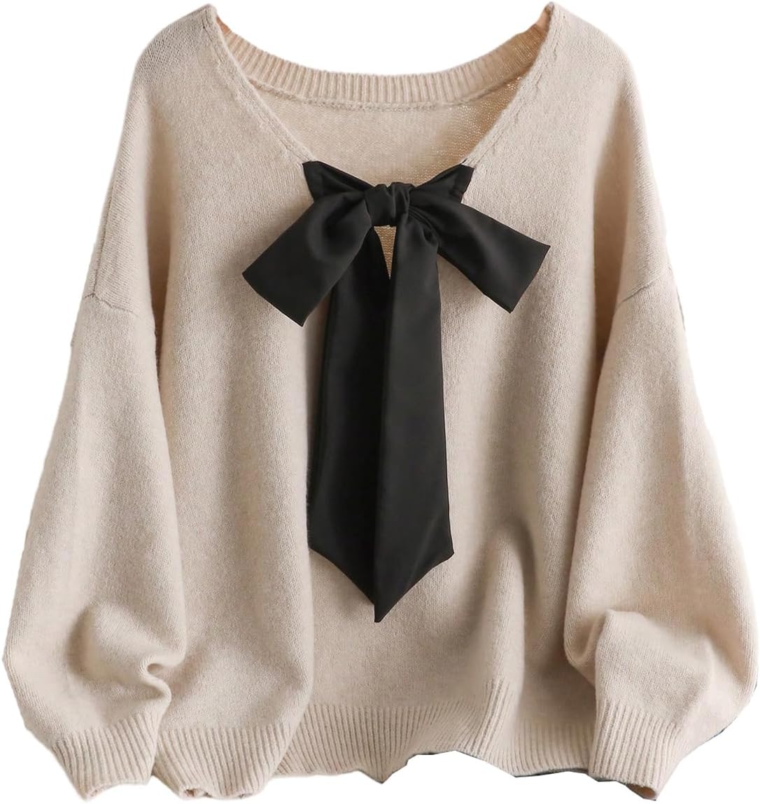 SOLY HUX Women's Plus Size Sweaters Pullover Bowknot V Neck Long Sleeve Knit Tops Fall Clothes