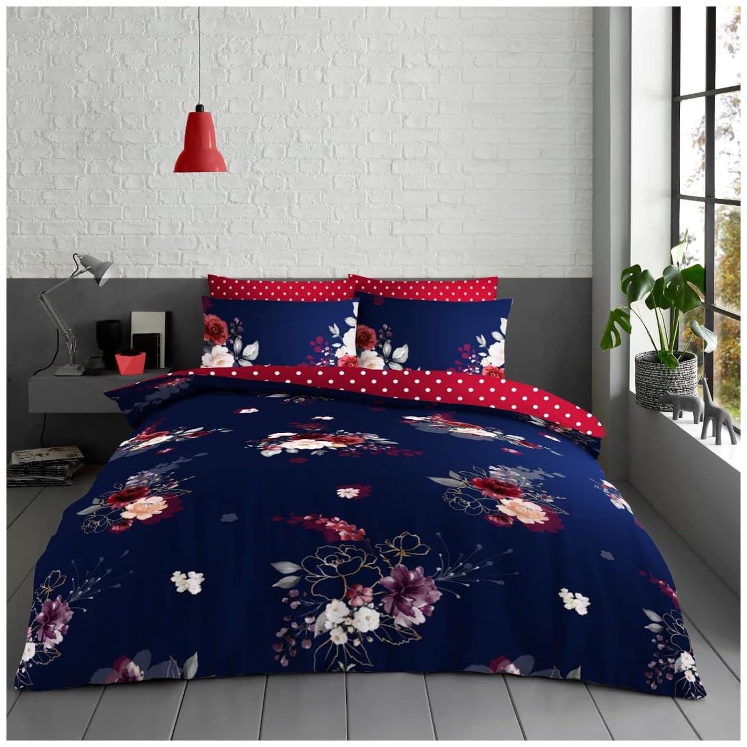GC GAVENO CAVAILIA Floral Bedding Set, Soft & Cosy Reversible Polka Dots Navy Double Bed Duvet Cover Sets, Easy Care Graceful Botanical Quilt Cover with Matching Pillowcases — image 1