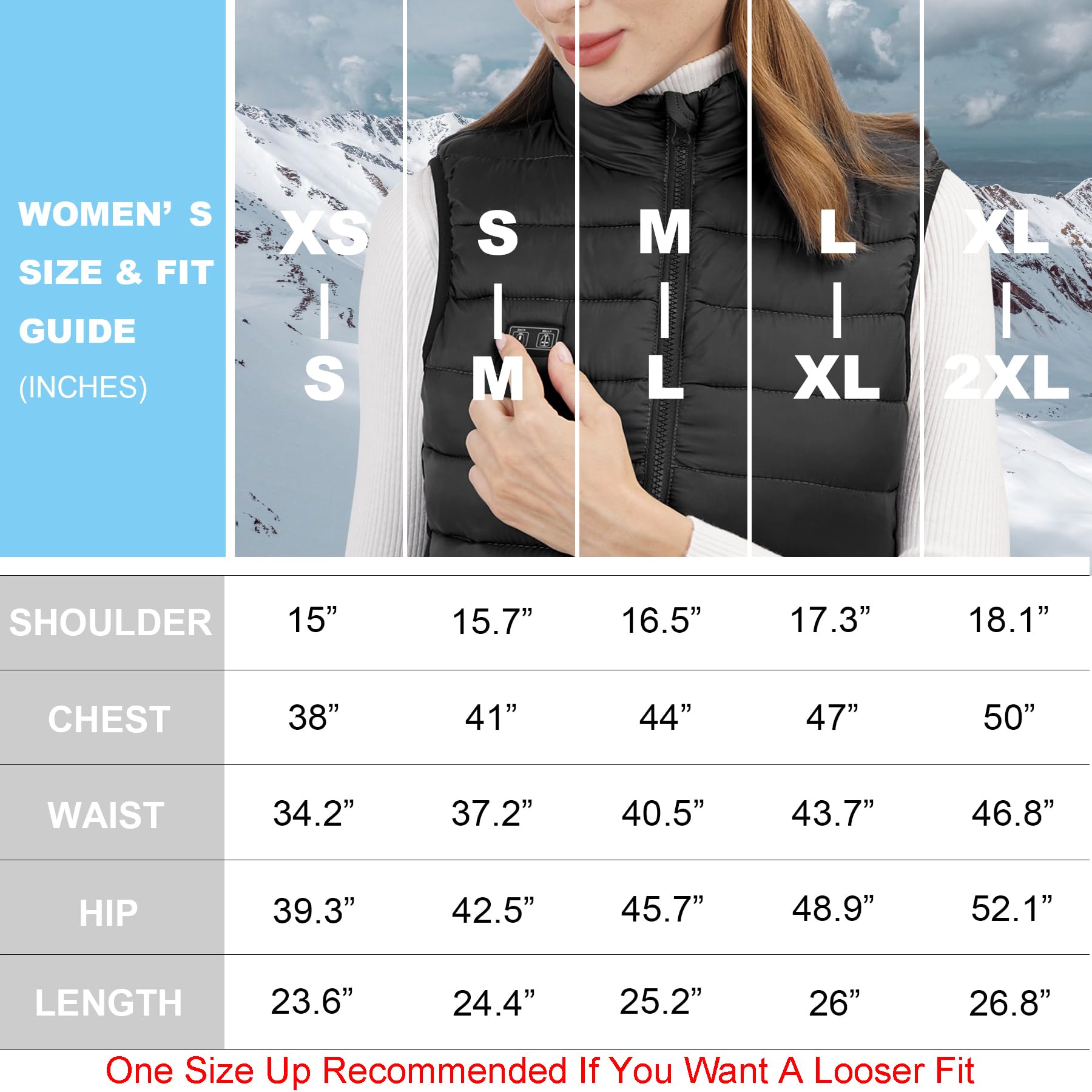 Loowoko Gilet Riscaldato per Donna, Inverno Caldo Esterno Ricarica USB Giacca Riscaldata Elettrico con Batteria 10000 mAh 3 Livelli di Temperatura, Lavabile,Per Campeggio, Moto, Sci, Caccia