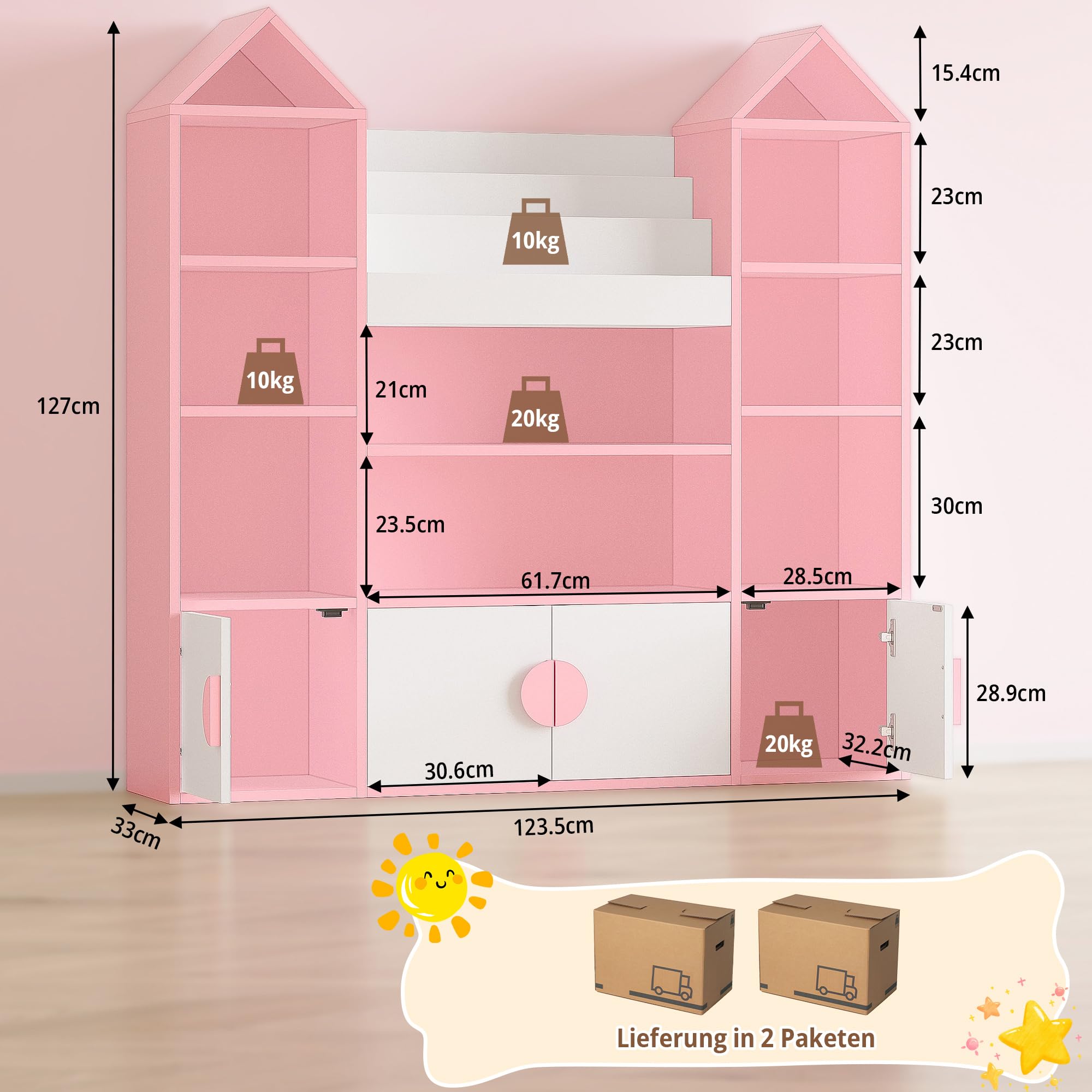 IRONCK Kinderregal, Bücherregal Kinder mit 4 Türen, Spielzeugregal Holz, Burgendesign Aufbewahrungsschrank, Spielzeugschrank, Kinderzimmer Möbel, 10 offene Regalböden, 123.5x33x127cm (Rosa)