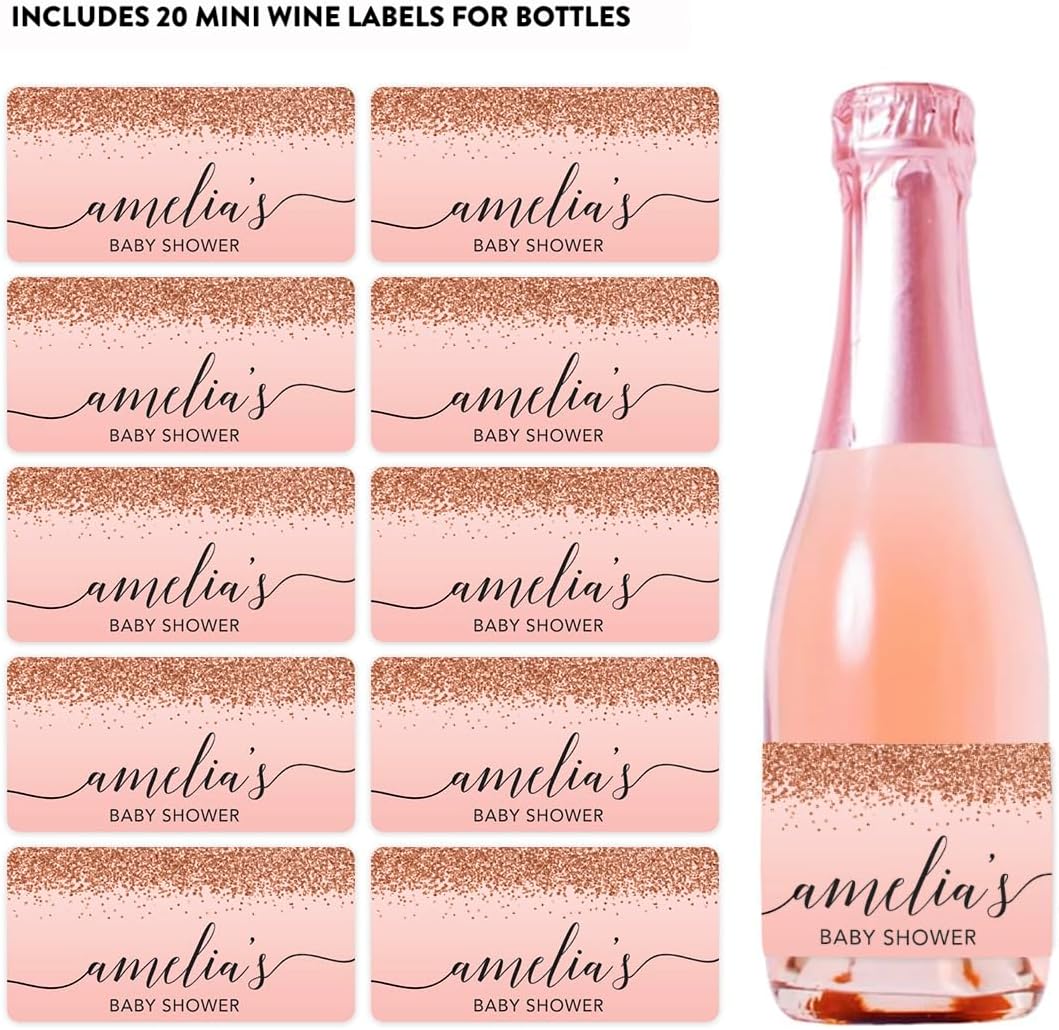 Andaz Press Personalized Mini Champagne Wine Bottle Labels, Amelia's Baby Shower, Blush Pink Faux Rose Gold Glitter Elegant, 20-Pack, Custom Party Favor Gift Label Stickers Baby Shower