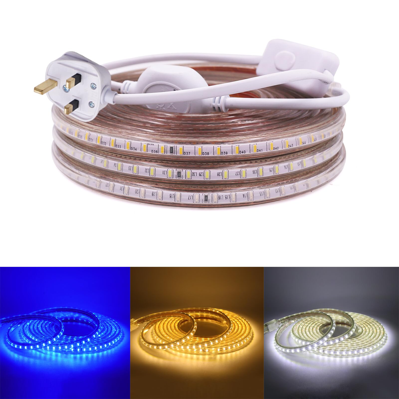 KAFULA 220V LED Light Strip with on/Off Power Plug, IP65 Waterproof, 120 LEDs/m Flexible LED Rope Light CRI85+, can be Cut Every 1m, Home Decoration Light Strip [23m, White Light 6000K]