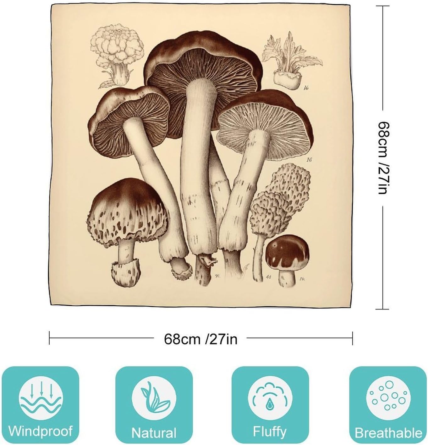 Vintage Mushrooms Drawing2 Bandana Multi-purpose Headband Square Hair Scarf Handkerchief Neck Scarf Head Scarf 27"x 27"