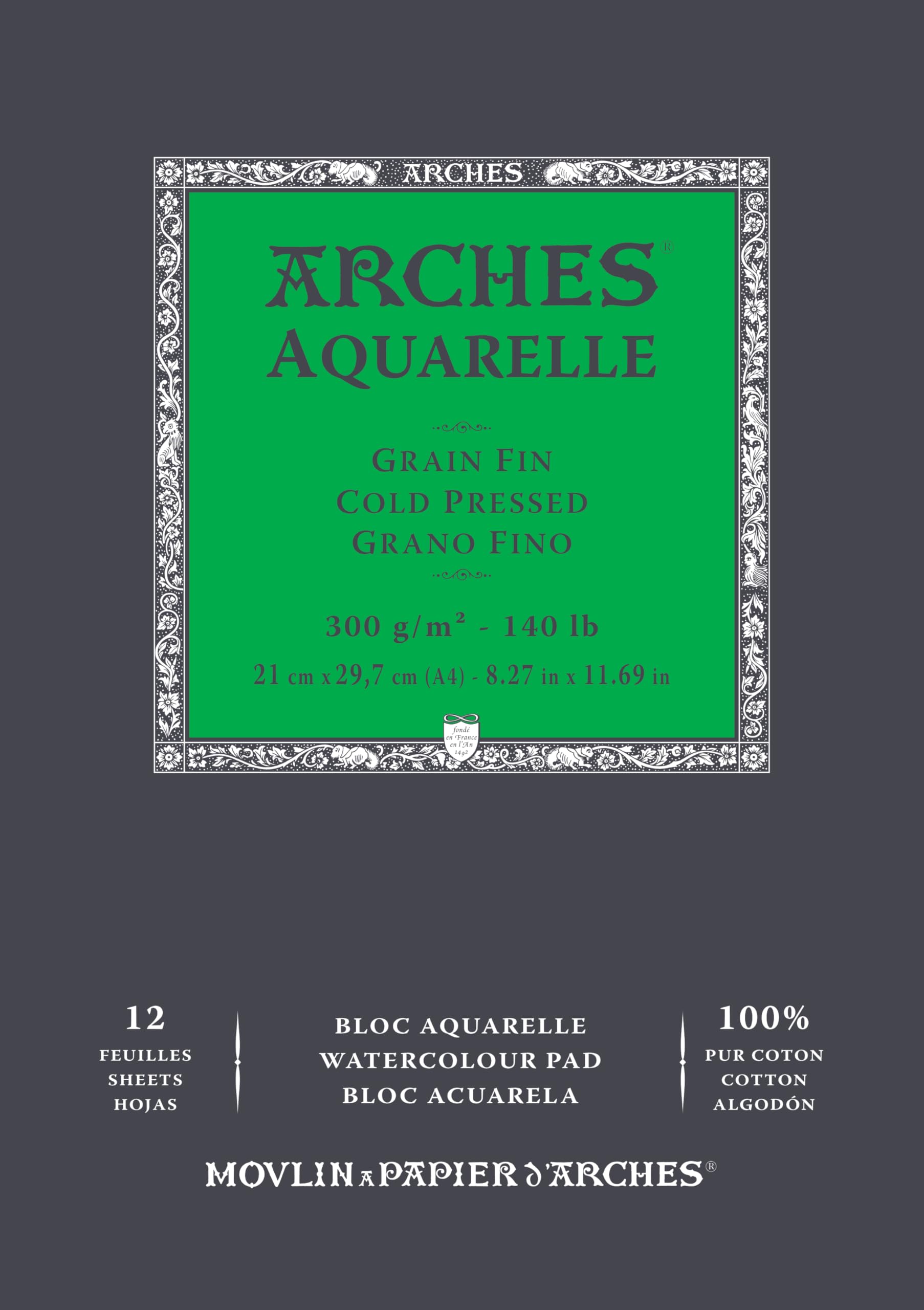ARCHES A1795091 Enc 21x29,7 12H Aquarelle 100% Fine 300g NAT, White Natural