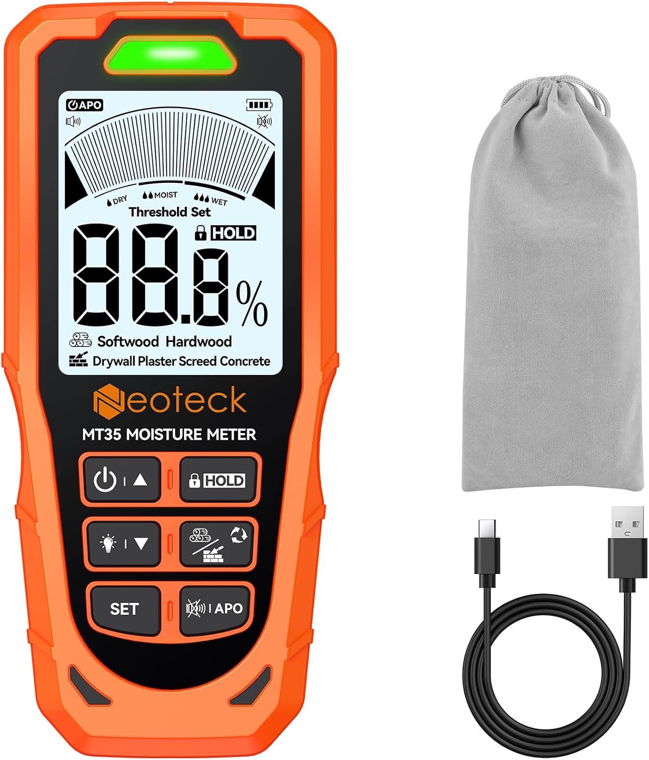 Neoteck 6 in 1 Pinless Moisture Meter 19mm Digital Moisture Detector ±2% Accuracy Wood Moisture Reader with Audible &Visual Alarm and 2.9inch LCD Display for Wood Wall Concrete Drywall Plaster Screed