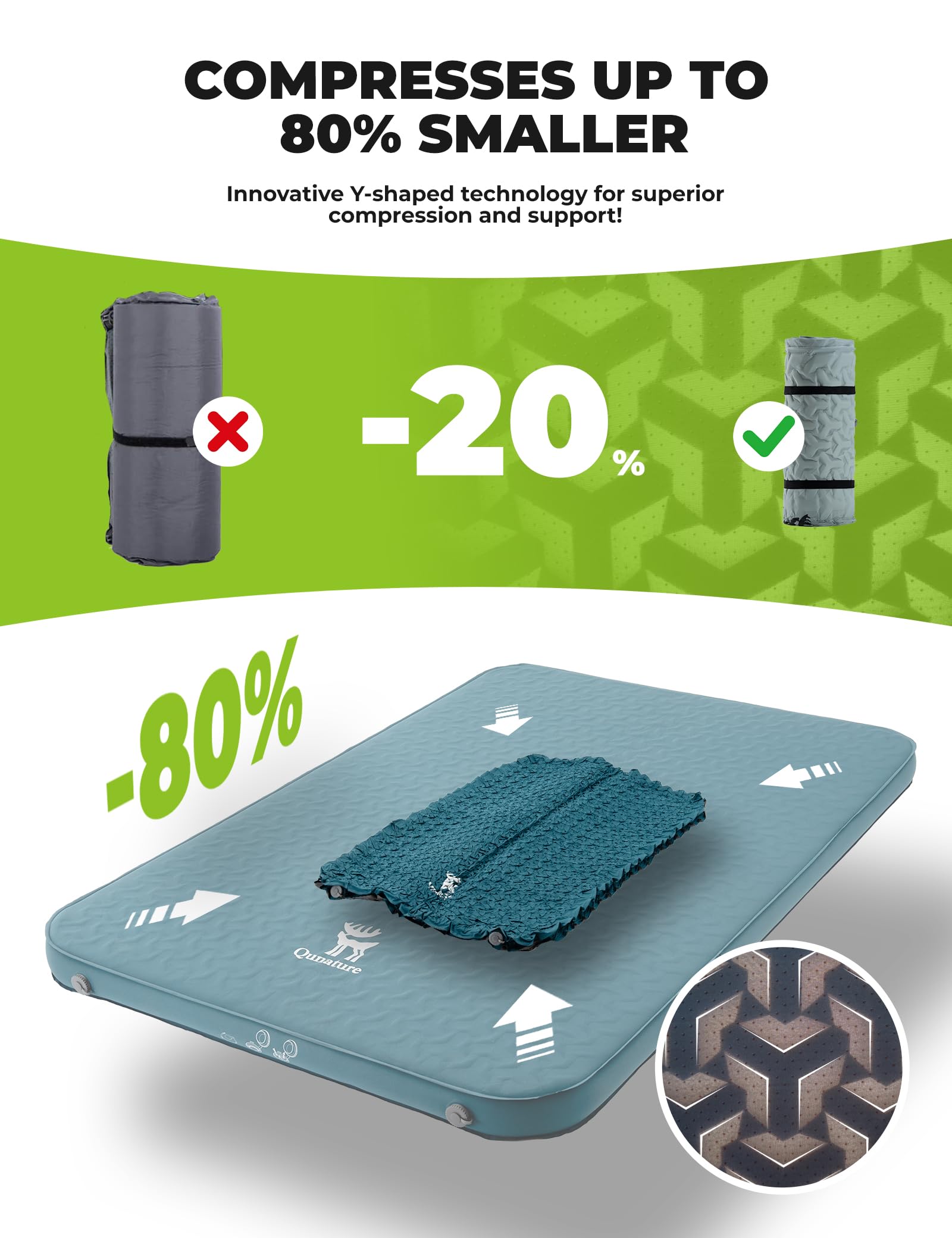 Matelas de Camping Auto-gonflant 10 cm – Mousse + Air, Structure Télescopique en Y, R-Value 6, Double/Solo, Compact & Portable, Étanche, pour Randonnée/Tente/Van