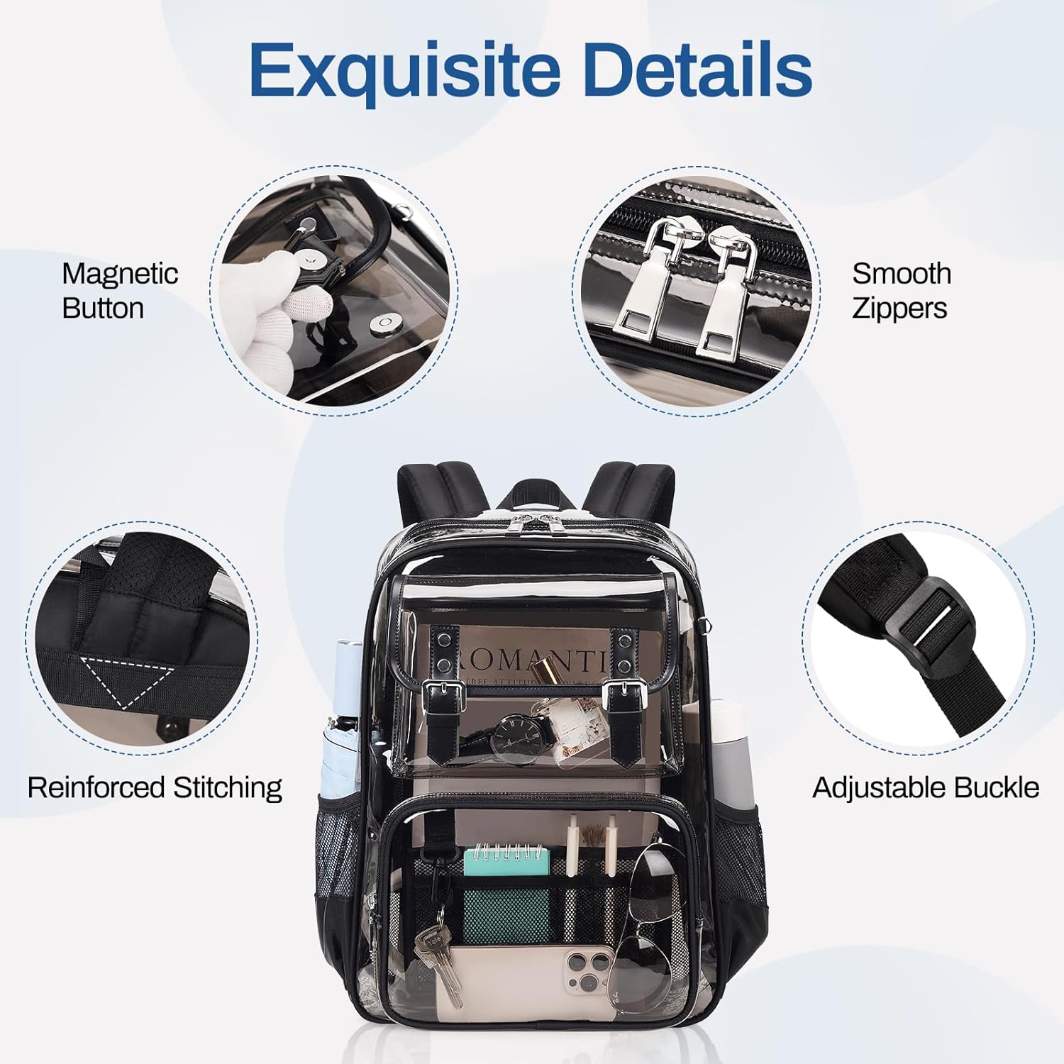 PIG PIG GIRL Clear Backpack Heavy Duty, PVC Clear Bookbag Transparent Backpack See Through Bag for Stadium College for Adult Men Women, Semi-Black