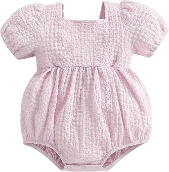 WZTYYDS Baby Girl Summer Clothes Newborn Smocked Bubble Romper Solid Puff Short Sleeve Bodysuit Cute 3 6 9 12 Months Outift