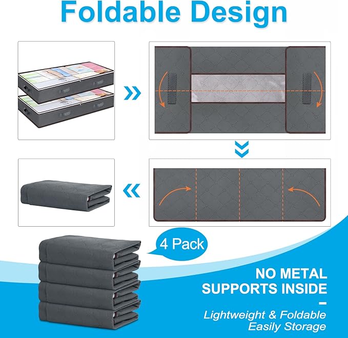 Budding Joy 4 Pack Under bed Storage Containers Organizer Large Capacity Underbed Clothes Storage Bins Organization and Storage Bedroom Foldable Storage Bags with Clear Window Black