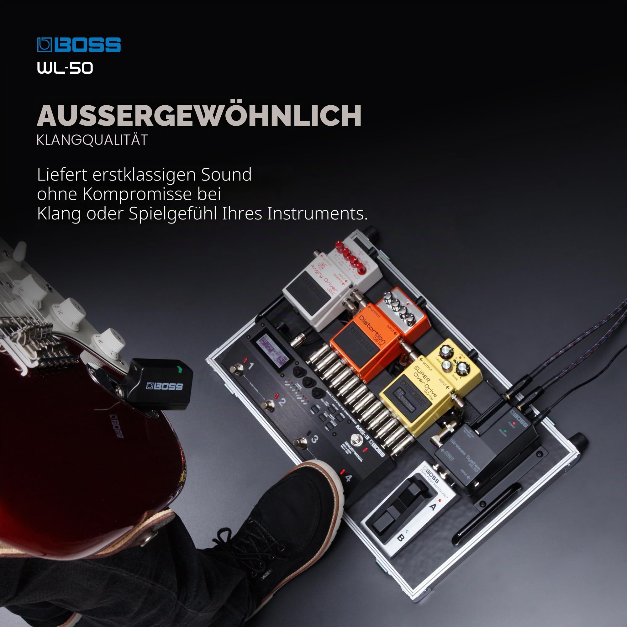BOSS WL-50 virtuelles Gitarrenkabel für Pedalboards | Plug-and-Play Wireless-System im Pedalformat | Für Gitarre, Bass und andere elektrische Instrumente | integrierte Kabelsound-Simulation
