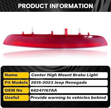 FHRHRY 68247167AA, High Mounted Third Brake Light Compatible with Jeep Renegade 2015-2023, Rear Center LED 3rd Stop Lamp Replacement Part, New - Easy to Install | 2016 2017 2018 2019 2020 2021 2022