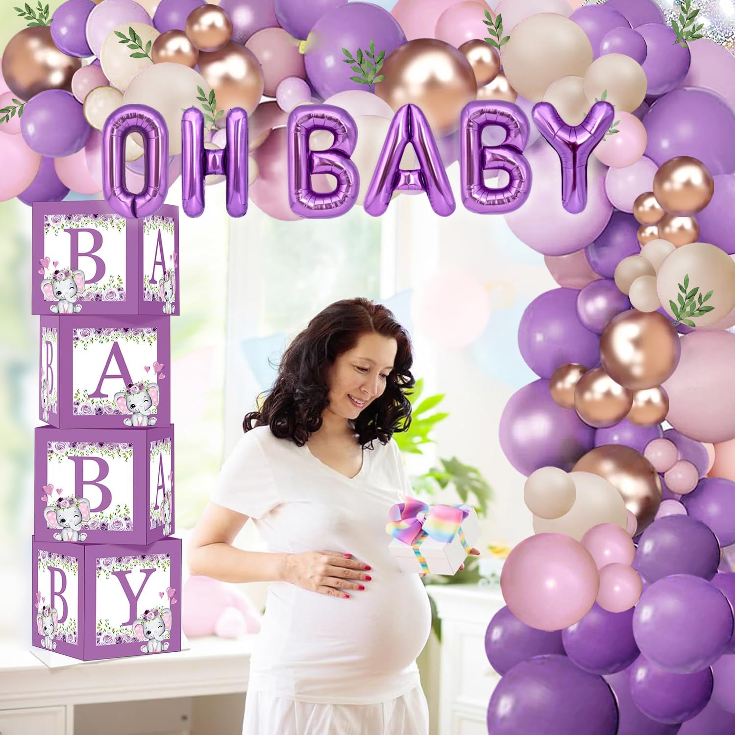 Elephant Baby Shower Decorations for Girl, Purple Elephant Baby Girl Shower Decorations, It's a Girl Backdrop Tablecloth Balloon Garland Arch BABY Box Mom to Be Sash Dad to Be Pin