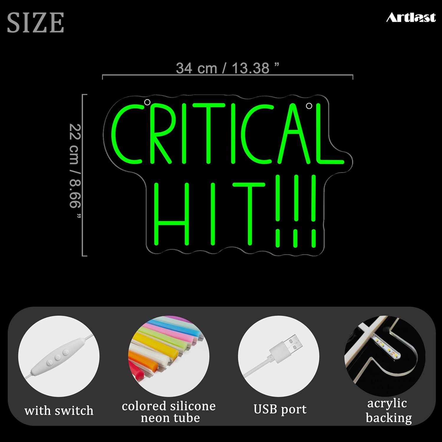 CRITICAL HIT LED Neon Sign 13.4" Dimmable Green Gaming Wall Decor Retro Video Game Damage Light for Gamer Room, Man Cave & Studio Setup Funny Gift for Gamers