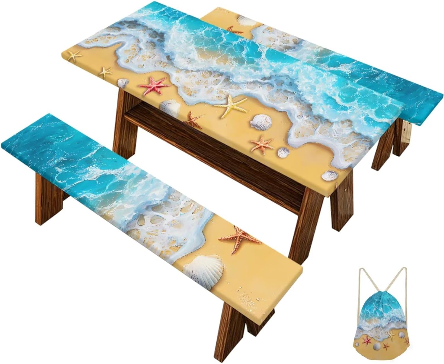 Park Picnic Table Cover With Bench Covers Lightweight Camping Essentials, Waterproof And Breathable 4Pcs Tablecloth With Elastic, Fitted For Table 8Ft Rectangle And Seats Beach Starfish Print