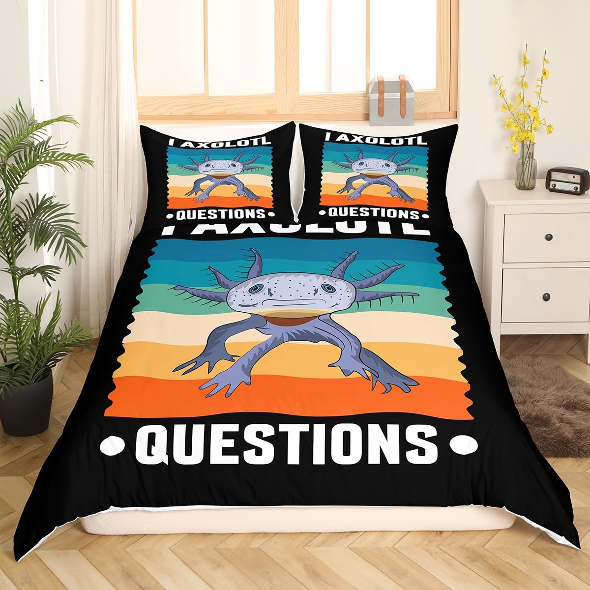 QOOMO Juego de ropa de cama Kawaii Axolotl Flor de Cerezo Rosa para niños, niñas y adolescentes, decoración de habitación con estrellas brillantes, juego de edredón 3D para decoración de dormitorio