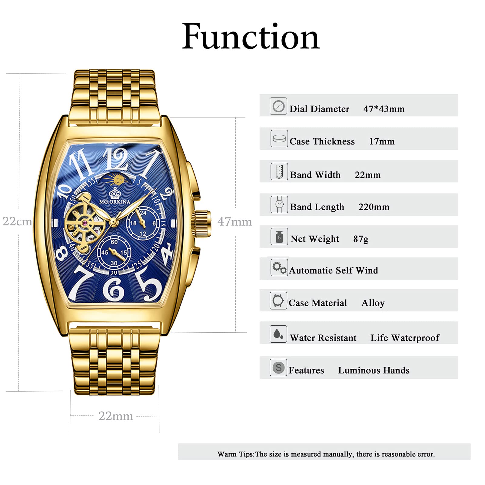 FORSINING Mode Männer Rechteckige Uhren Tourbillon Automatische Edelstahl Uhr Wasserdicht Casual Business Mechanische Armbanduhr, Goldfarben/Blau, Armband