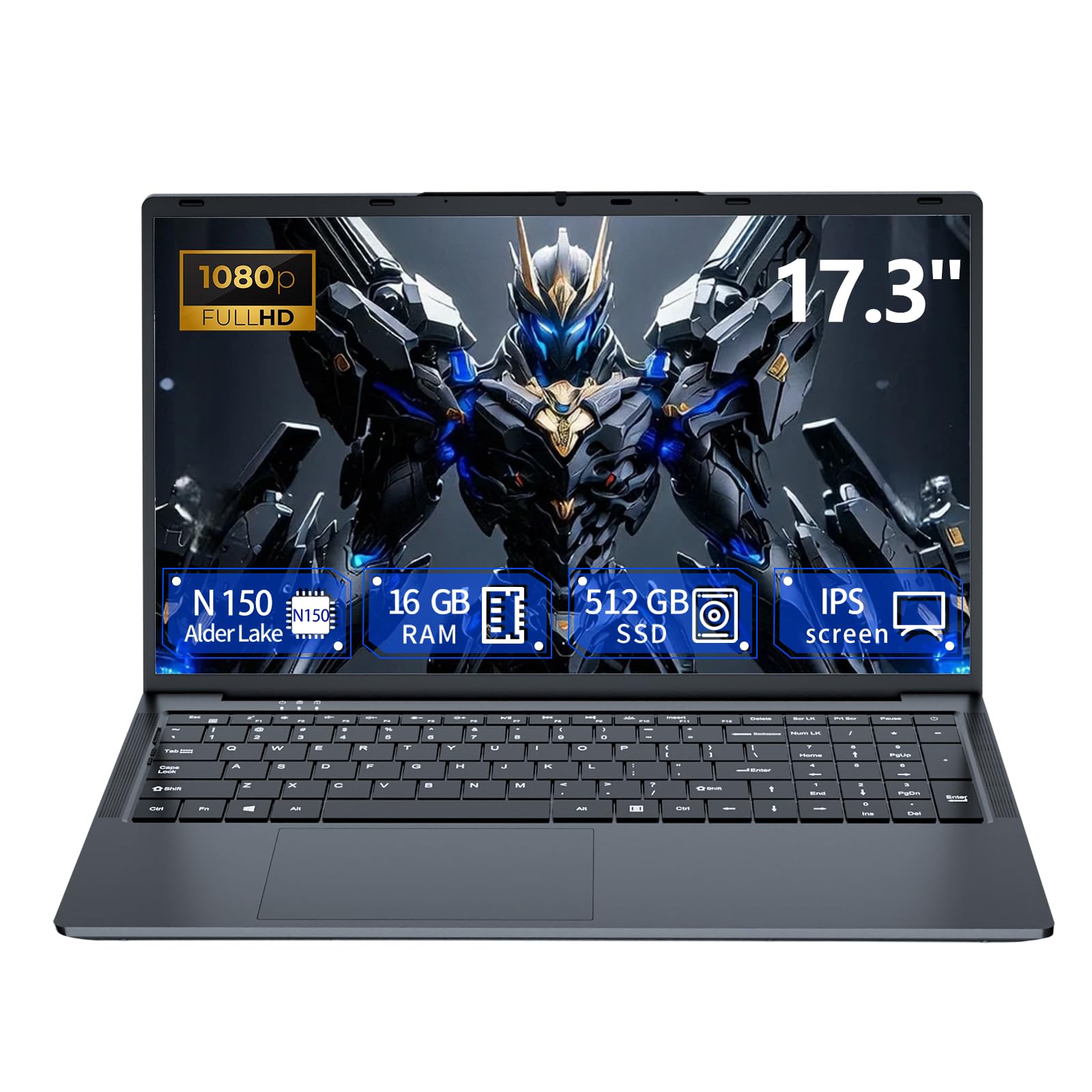 KAQIMOCI Ordenador Portátil 17,3 Pulgadas 13.ª Gen Twin Lake N150 (hasta 3,6 GHz), RAM 16GB SSD 512GB Win 11 Pro PC Portátil Teclado Retroiluminado Completo Laptop Cámara Web Panel Táctil Tarjeta TF