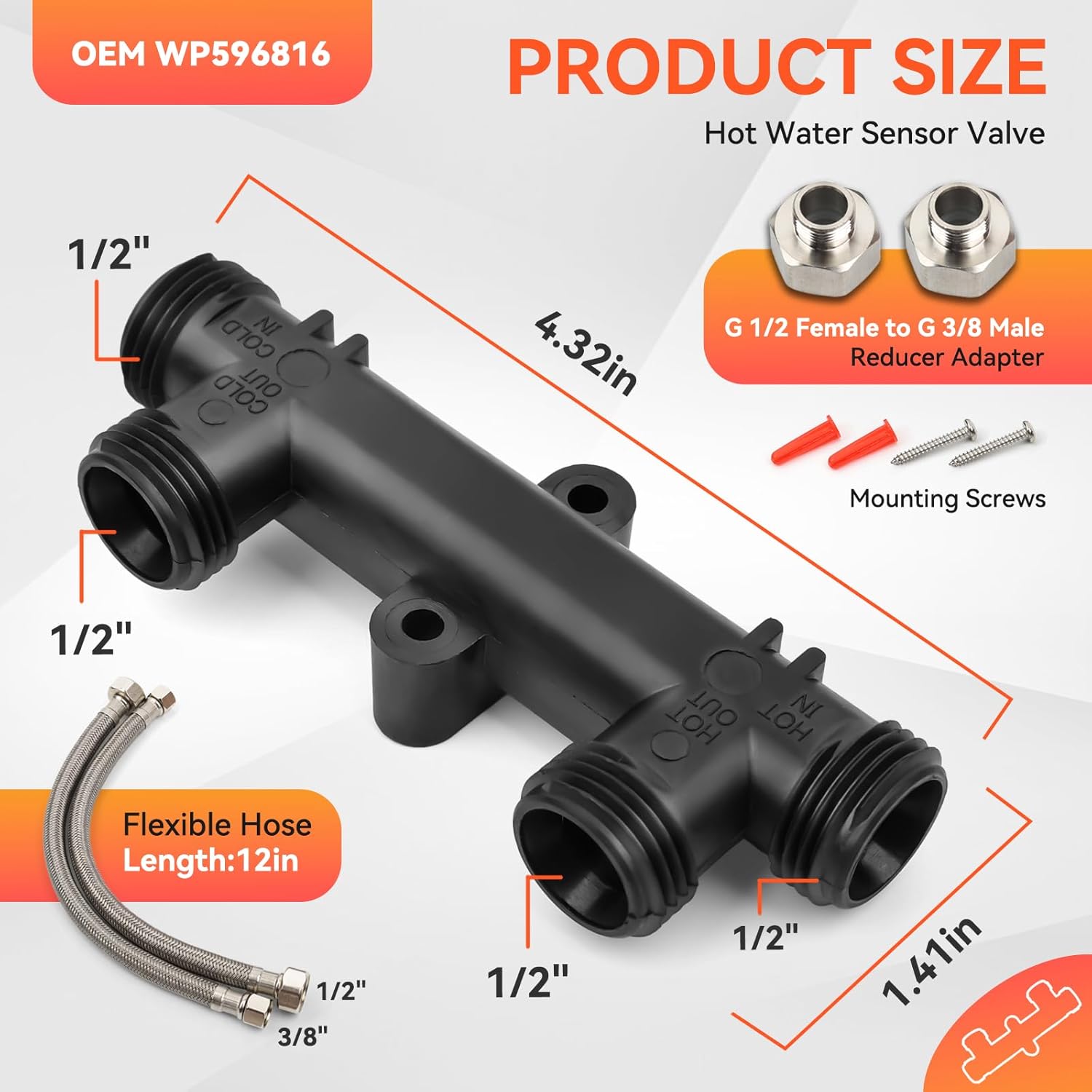 WP596816 Replacement Sensor Valve Kit, 4.5 Inch Sensor Valve, 2 x 12 Inch Supply Lines, 367010 595926 Instant Hot Water Recirculating Pump System