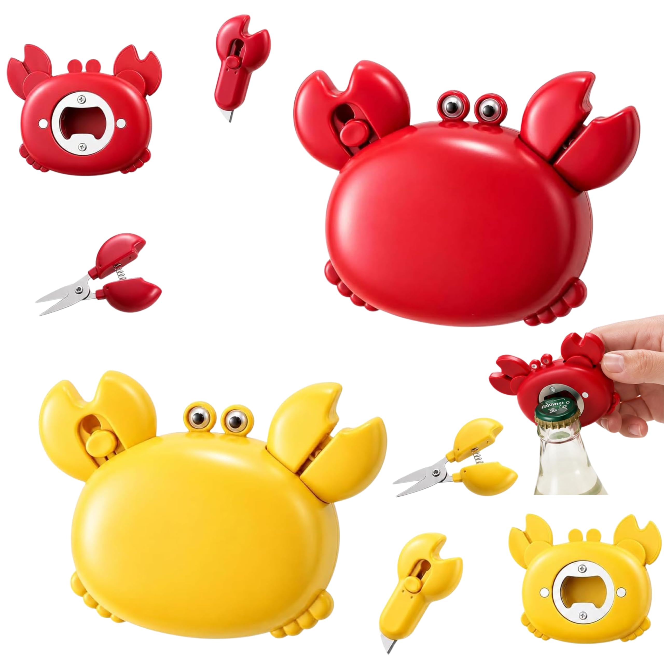 4-in-1 Crab Shaped Fridge Magnet, Multi-Functional Magnetic Gadget with Bottle Opener, Box Cutter, Mini Scissors, Set of 2 Red & Yellow Compact Portable Kitchen Tools for Home, Office & Travel-image-12