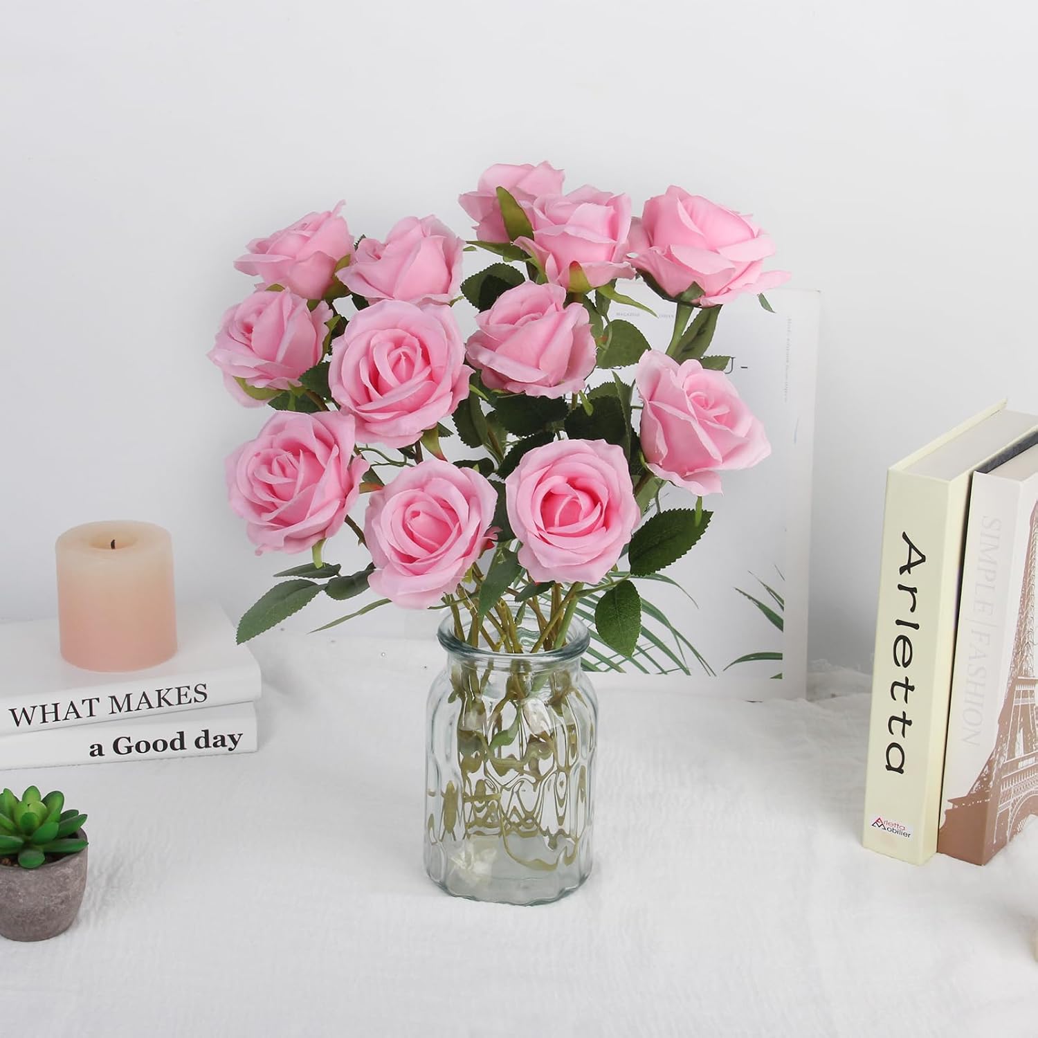 36PCS Fake Roses Artificial Silk Flowers Artificial Roses with Long Stems - Pink Roses Faux Silk Roses Bulk, Realistic Roses Bouquet for Home Wedding Centerpieces Decoration Party Decor - Image 2