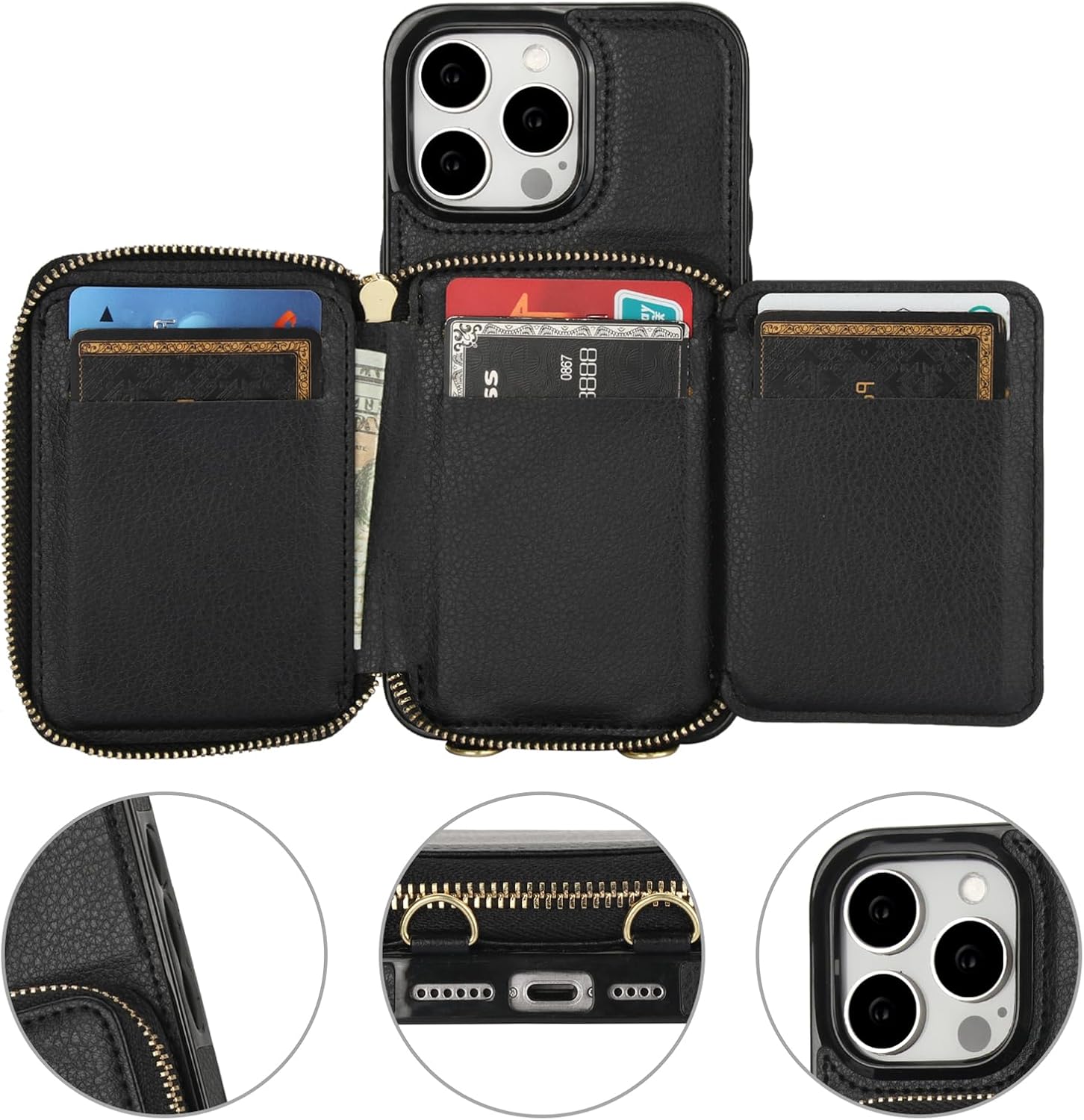 Bocasal RFID Blocking Wallet Case for iPhone 15 Pro Max, Adjustable Crossbody Zipper Purse with Kickstand and Detachable Wrist Strap, PU Leather Flip Folio Case 6.7 Inch 5G (Black) - Image 7