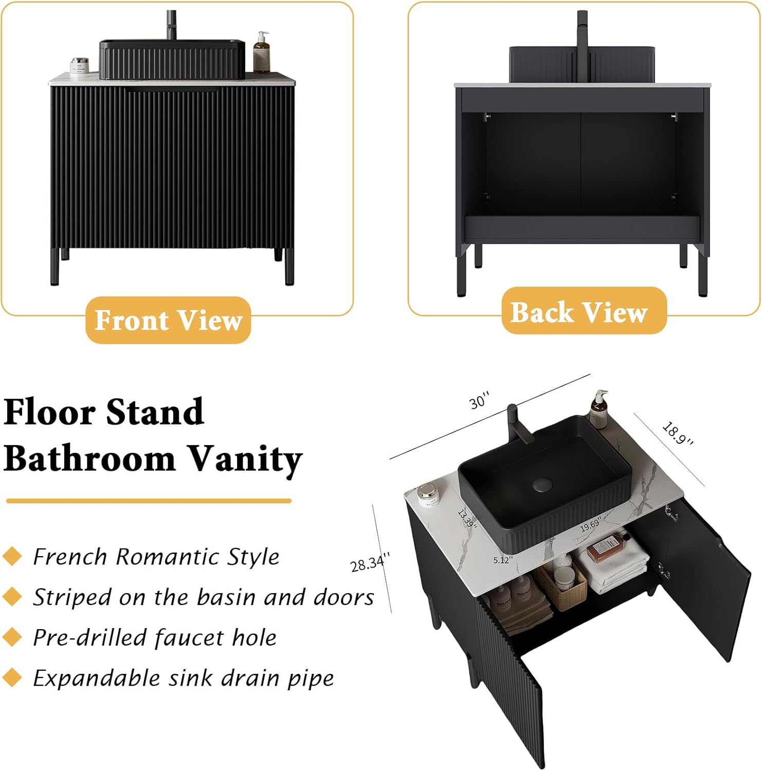 30" Bathroom Vanity with Sink Combo,Floor Stand Bathroom Storage Cabinet with 2 Doors, Black Ceramic Basin Sintered Stone Counter Top,Soft Closing Black Bathroom Vanities Set(Faucet not included)