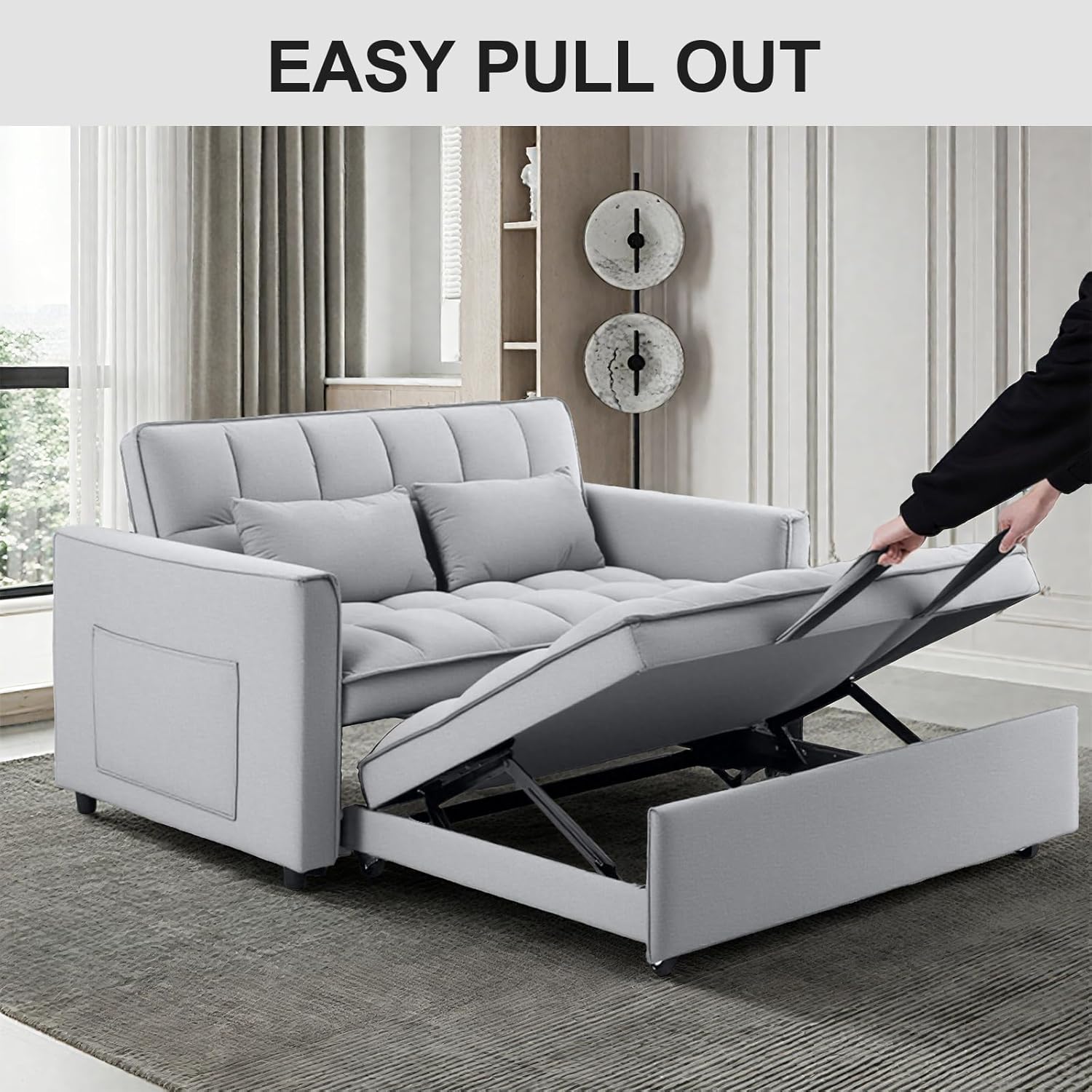 3 in 1 Convertible Sleeper Sofa Bed, 53" Pull Out Sofa Bed with 3-Level Adjustable Backrest, Velvet Fabric Loveseat Sleeper Couch for Living Room & Bedroom & Apartment & Dorm, Light Gray