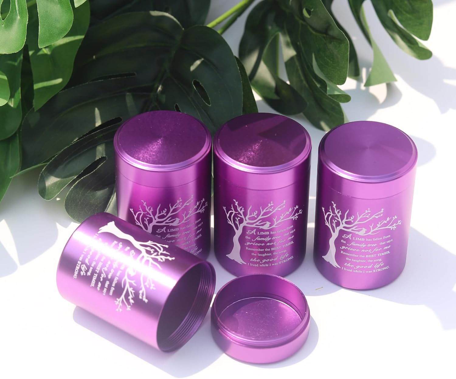 Small Urns for Ashes - Set of 4，2.7 inch Aluminium Mini Urns, Cremation Urns for Human Ashes, Ashes Holder, Small Keepsake urns-A Limb has Fallen from The Family Tree, Purple