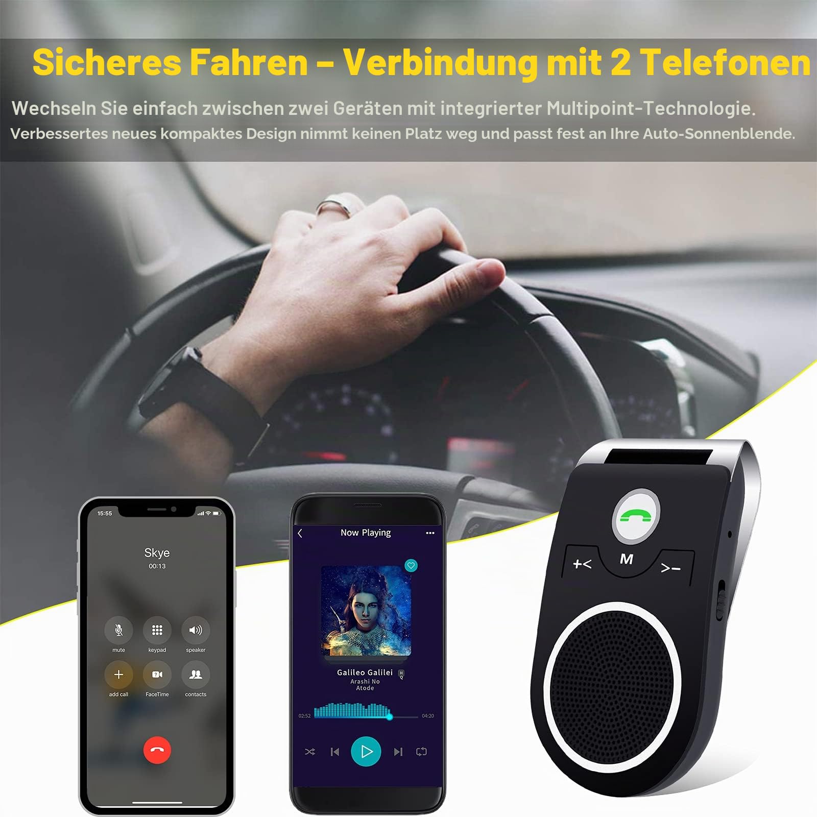 Bluetooth KFZ Freisprecheinrichtung, Bluetooth 5.0 In Car Speakerphone Handsfree Car Kit mit Geräuschunterdrückendes mikrofon und Stereo-Sound für GPS, Musik, Telefongespräche Unterstützt 2 Telefone