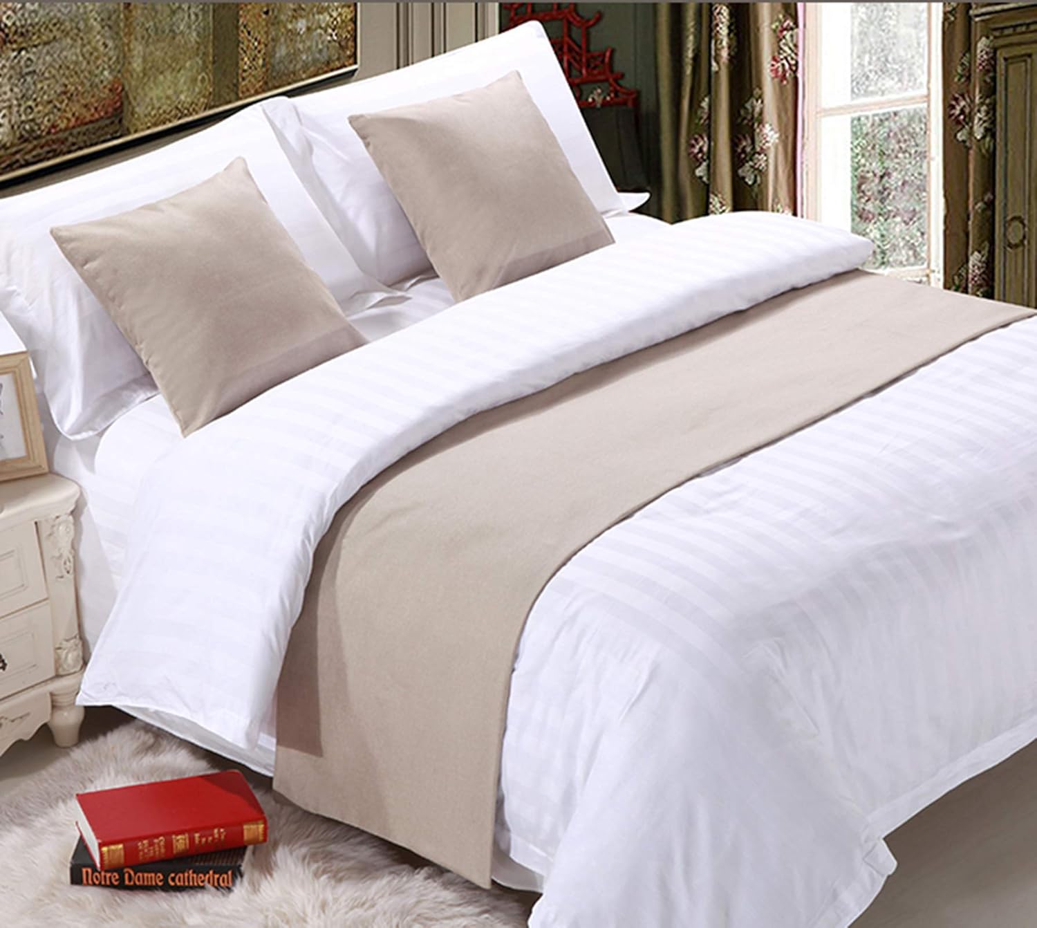 Mengersi Solid Bed Runner Scarf Protector Slipcover Bed Decorative Scarf for Bedroom Hotel Wedding Room (King, Beige)