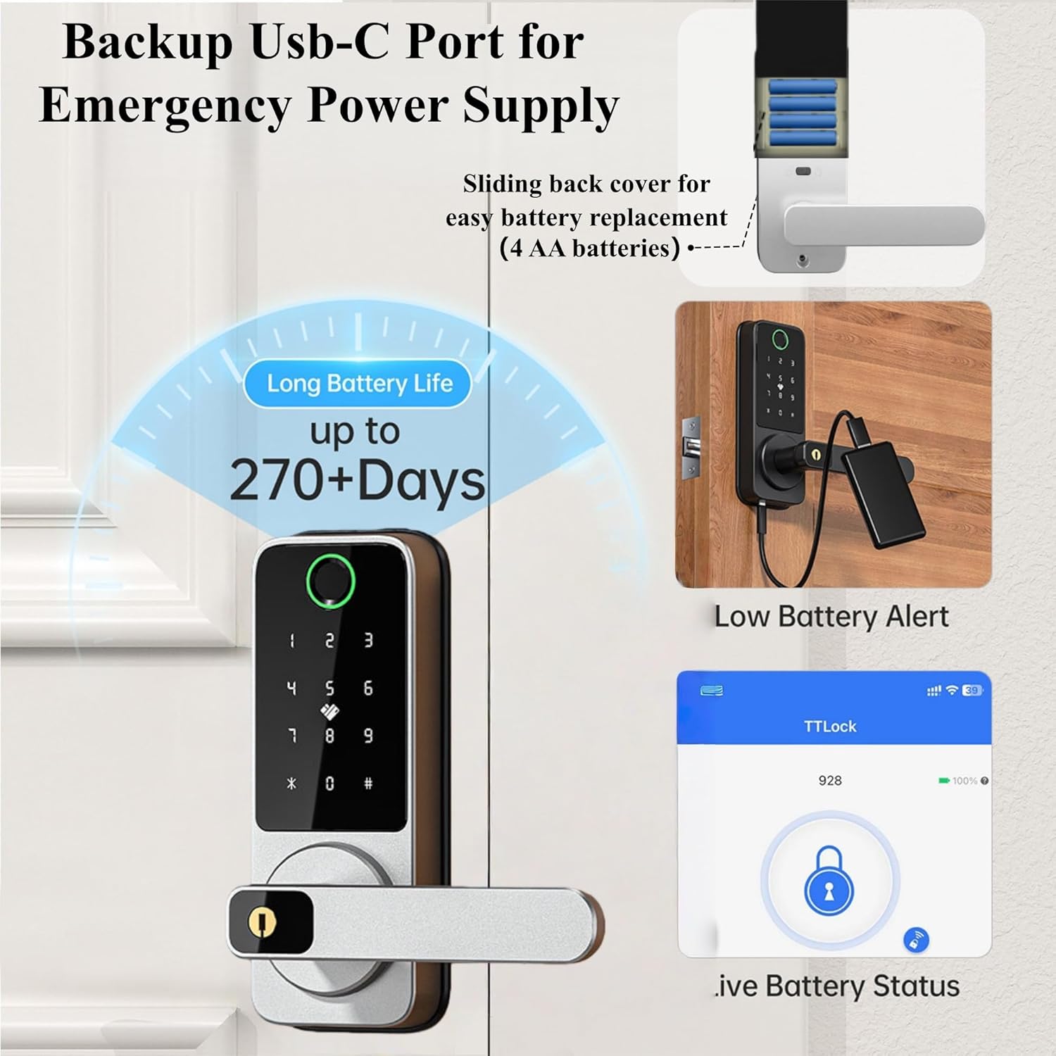 Fingerprint Smart Lock with Handle, WiFi Keyless Entry Door Lock with App Control, Keypad & Backup Key, Auto-Lock Waterproof Front Door Lock for Apartment, Home & Airbnb (Silver)