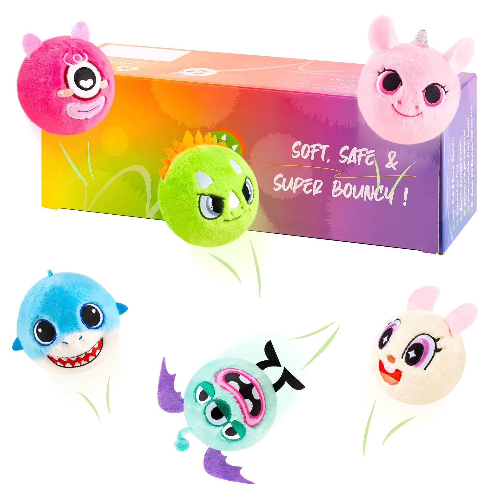 U&C Planet 6 Set Bouncy Balls Super Soft Plush Animal Toys for Kids, High Bouncing up to 10FT, Gift for Toddlers Boys Girls Ages 3+