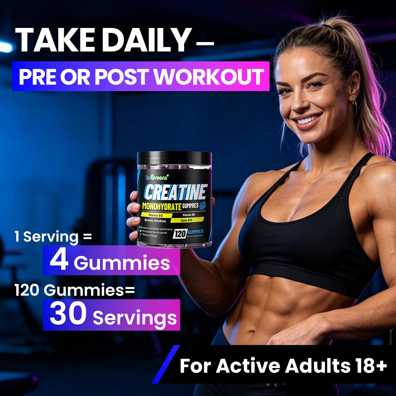 inGreens 6g Creatine Gummies – High-Strength Creatine Monohydrate Chews for Men & Women – Sugar Free Workout Supplement for Muscle Support, Strength, Energy & Recovery – 120 Count — Amazon image 10