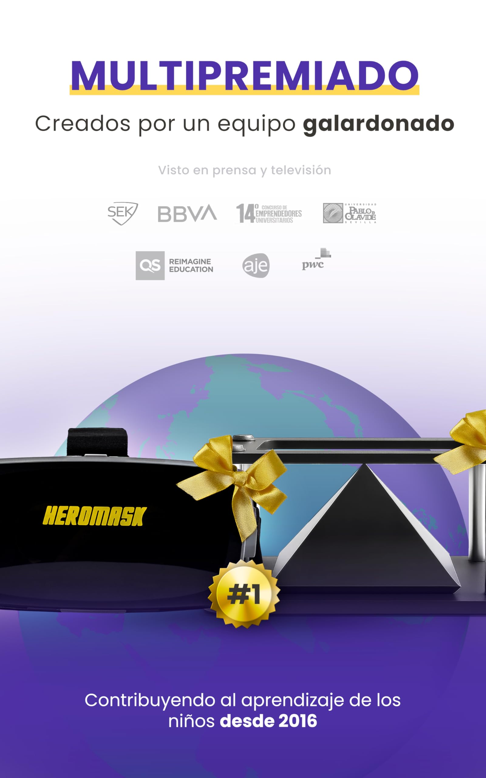 Heromask Bundle Educativo 3 en 1 – Idiomas, Matemáticas y Cuentos en Realidad Virtual y Hologramas | Juego 2 en 1 con Casco VR + Pirámide | Regalo Original para Niños 5-12 Años