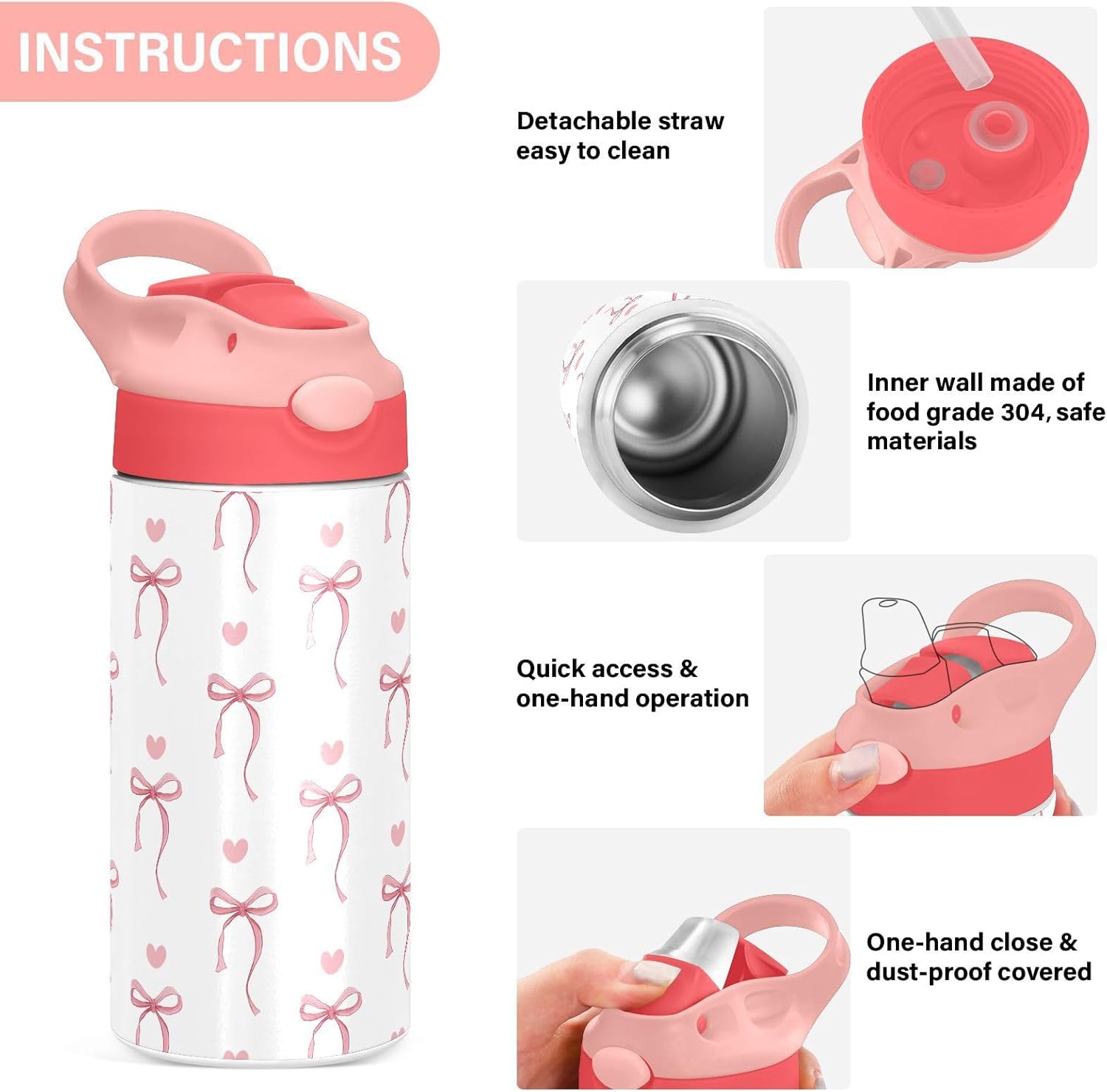 Pink Ribbon Bow Kids Water Bottle with Straw and Carry Handle Heart Bow Tie White Cute Vacuum Insulated Stainless Steel Bottles Leak-Proof for Boys Girls Toddler 12 oz Pink Lid - Image 5