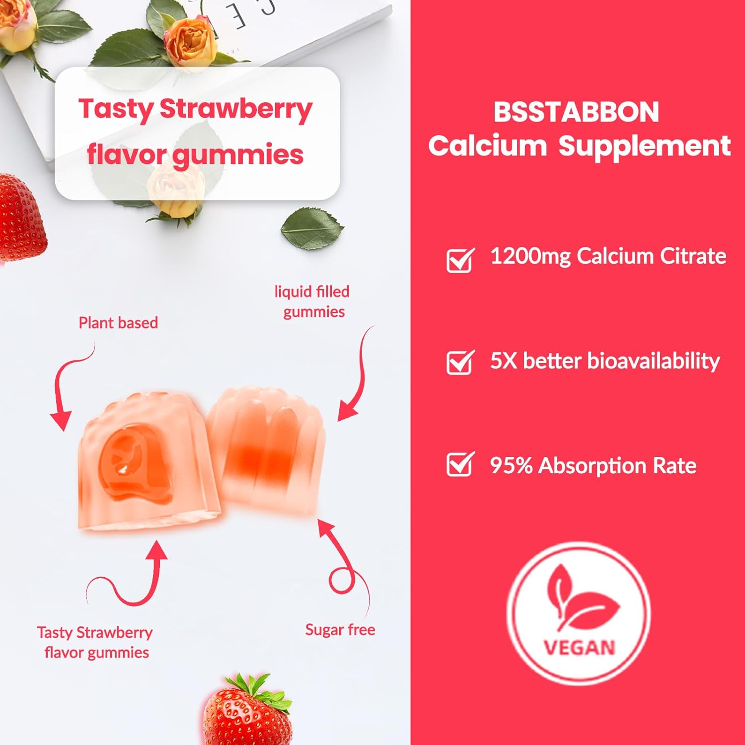 Calcium Citrate Supplement Gummies for Adult: Women & Men Sugar Free 1200 mg Calcium Chewable Gummy - Organic Natural High Absorption Vegan Supplements for Energy Immune Support (120Count