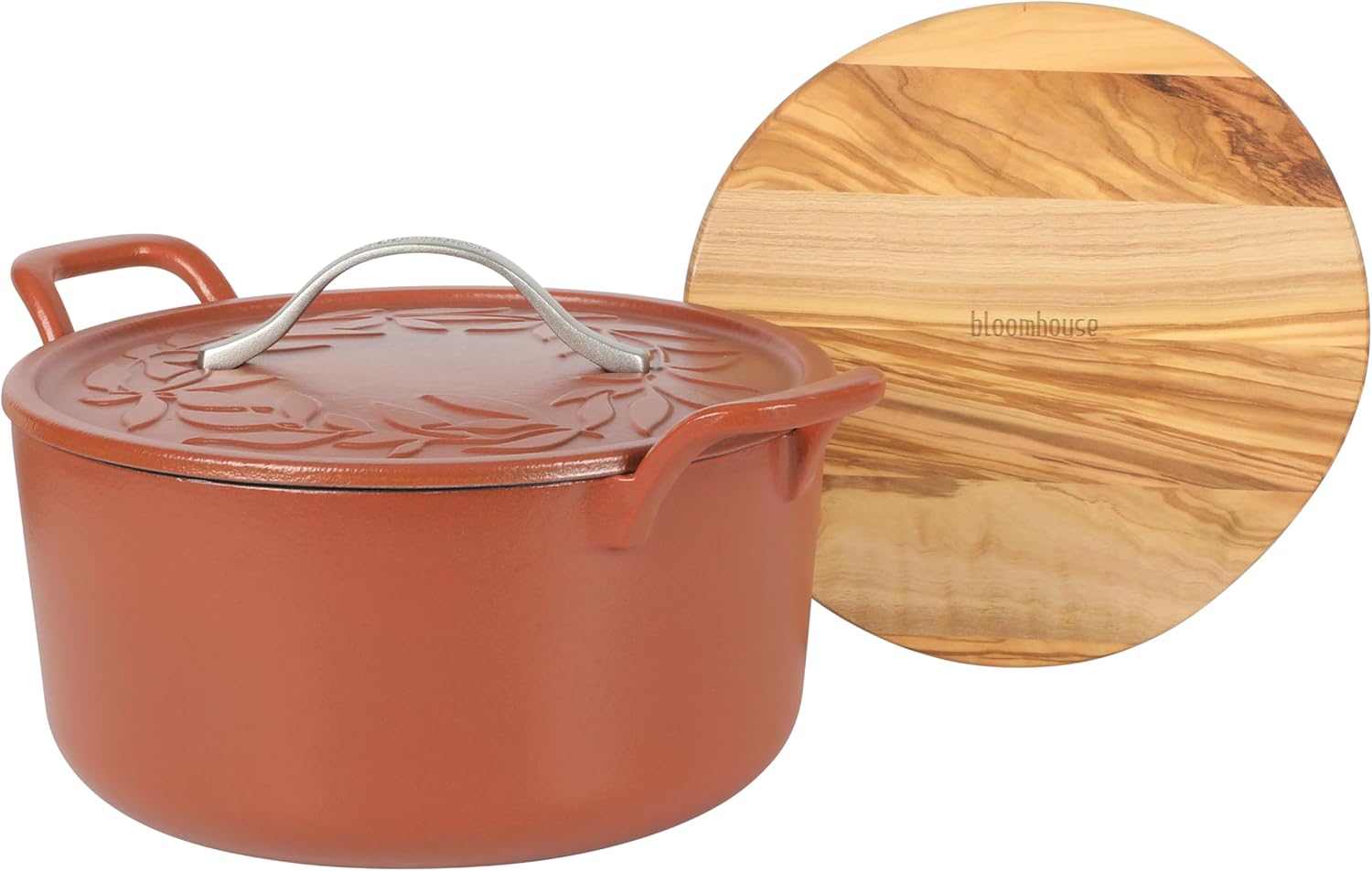 Bloomhouse 7 Qt Cast Iron Dutch Oven W/Embossed Lid, European Enamel, & Olive Wood Trivet - Matte Terracota